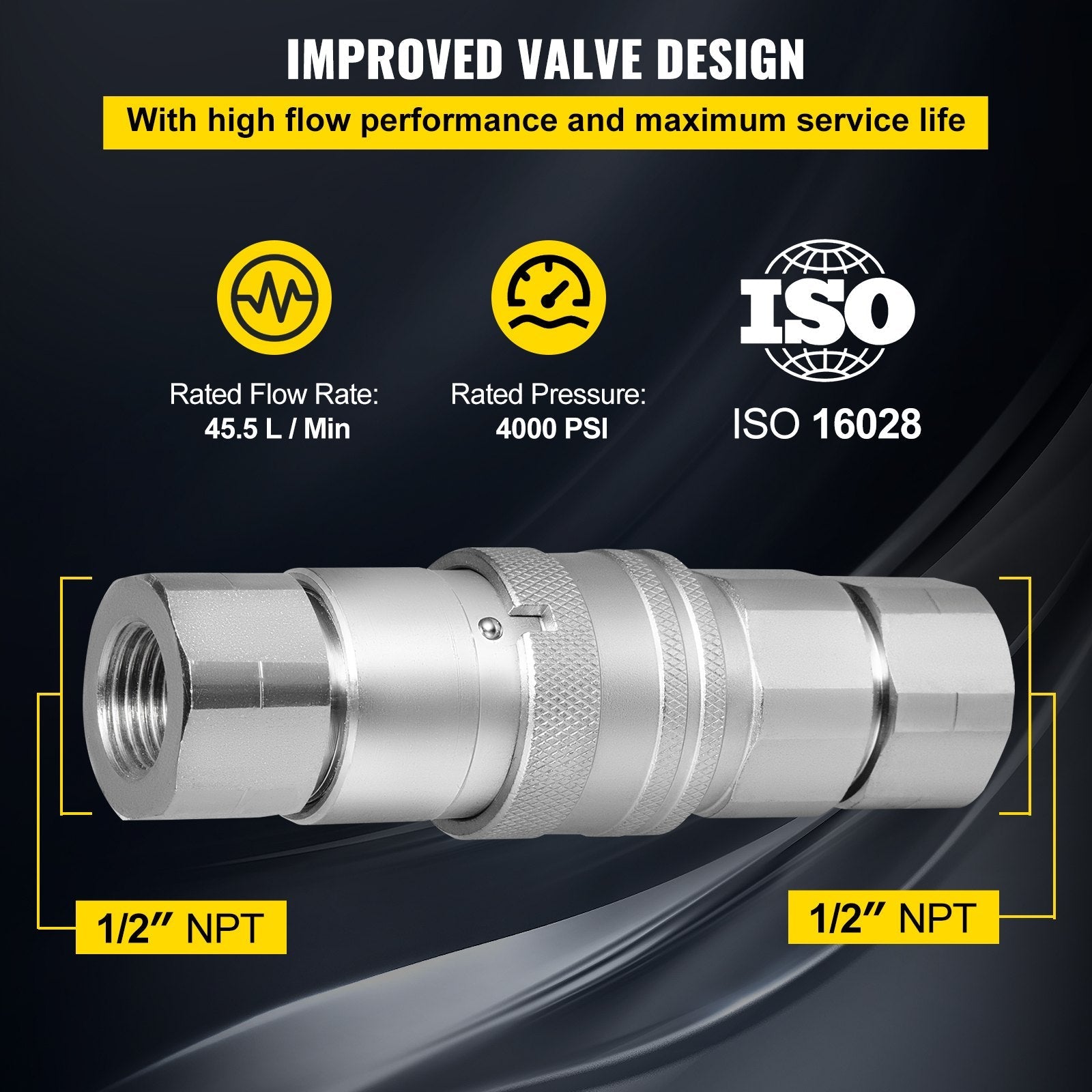 VEVOR Skid Steer Hydraulic Quick Connect 1/2" Body Hydraulic Coupler 1/2" NPT Hydraulic Coupling Quick Connect 2 Pairs Hydraulic Quick Coupler 27.6 MPa (ISO 16028) (12 Pairs) 