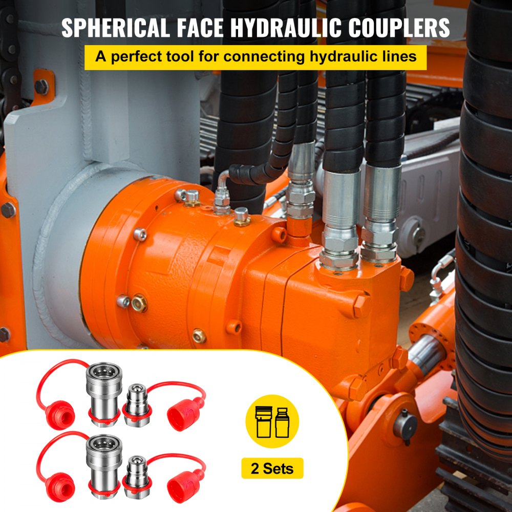 VEVOR Spherical Face Hydraulic Couplers 3/8" Body 3/8" NPT Thread, Skid Steer Quick Connect Couplings, 4061 PSI Hydraulic Fittings, 2 Sets Hydraulic Couplers with Dust Caps for Bobcat Case (ISO) 