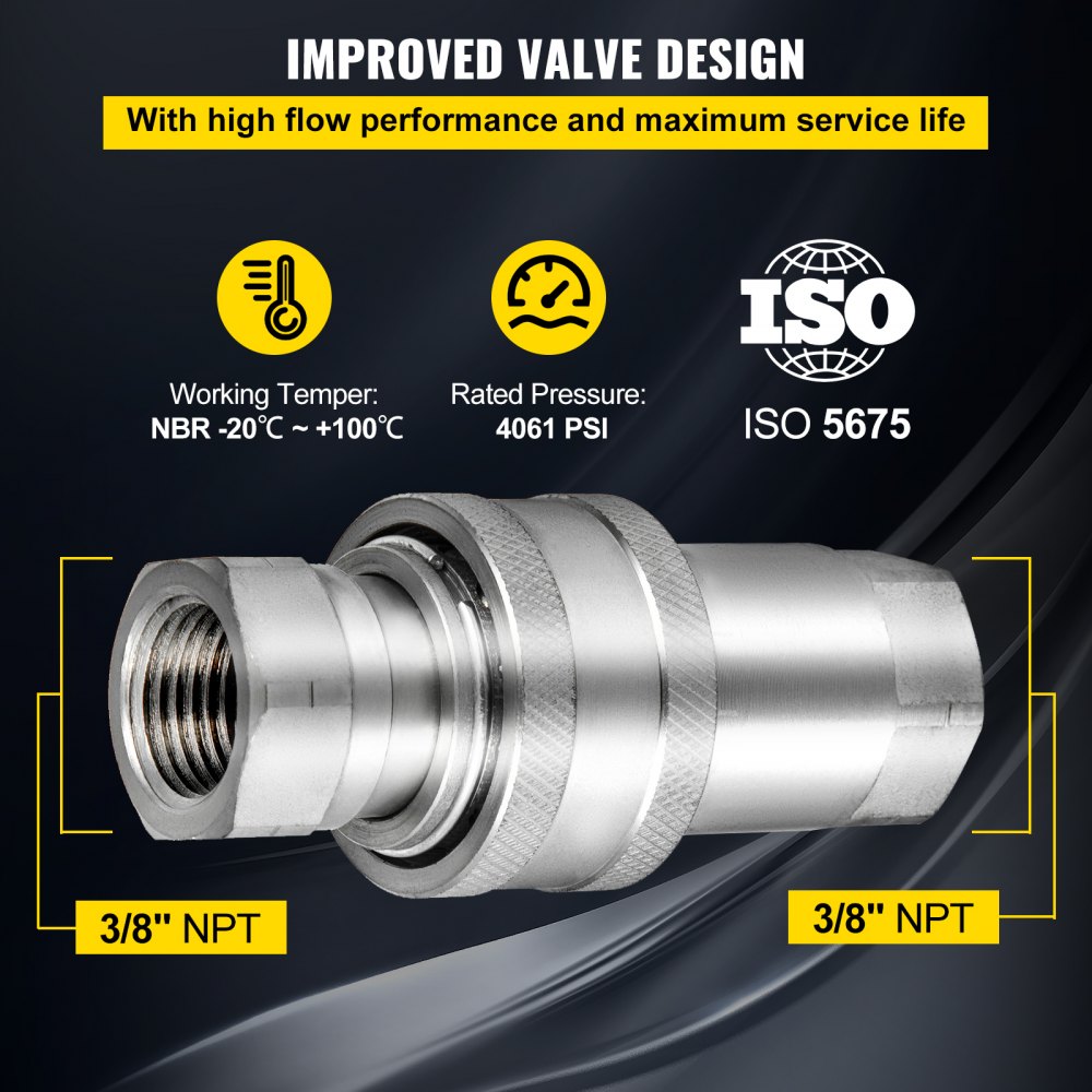 VEVOR Spherical Face Hydraulic Couplers 3/8" Body 3/8" NPT Thread, Skid Steer Quick Connect Couplings, 4061 PSI Hydraulic Fittings, 2 Sets Hydraulic Couplers with Dust Caps for Bobcat Case (ISO) 