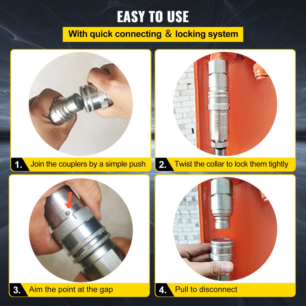 VEVOR Spherical Face Hydraulic Couplers 3/8" Body 3/8" NPT Thread, Skid Steer Quick Connect Couplings, 4061 PSI Hydraulic Fittings, 2 Sets Hydraulic Couplers with Dust Caps for Bobcat Case (ISO) 
