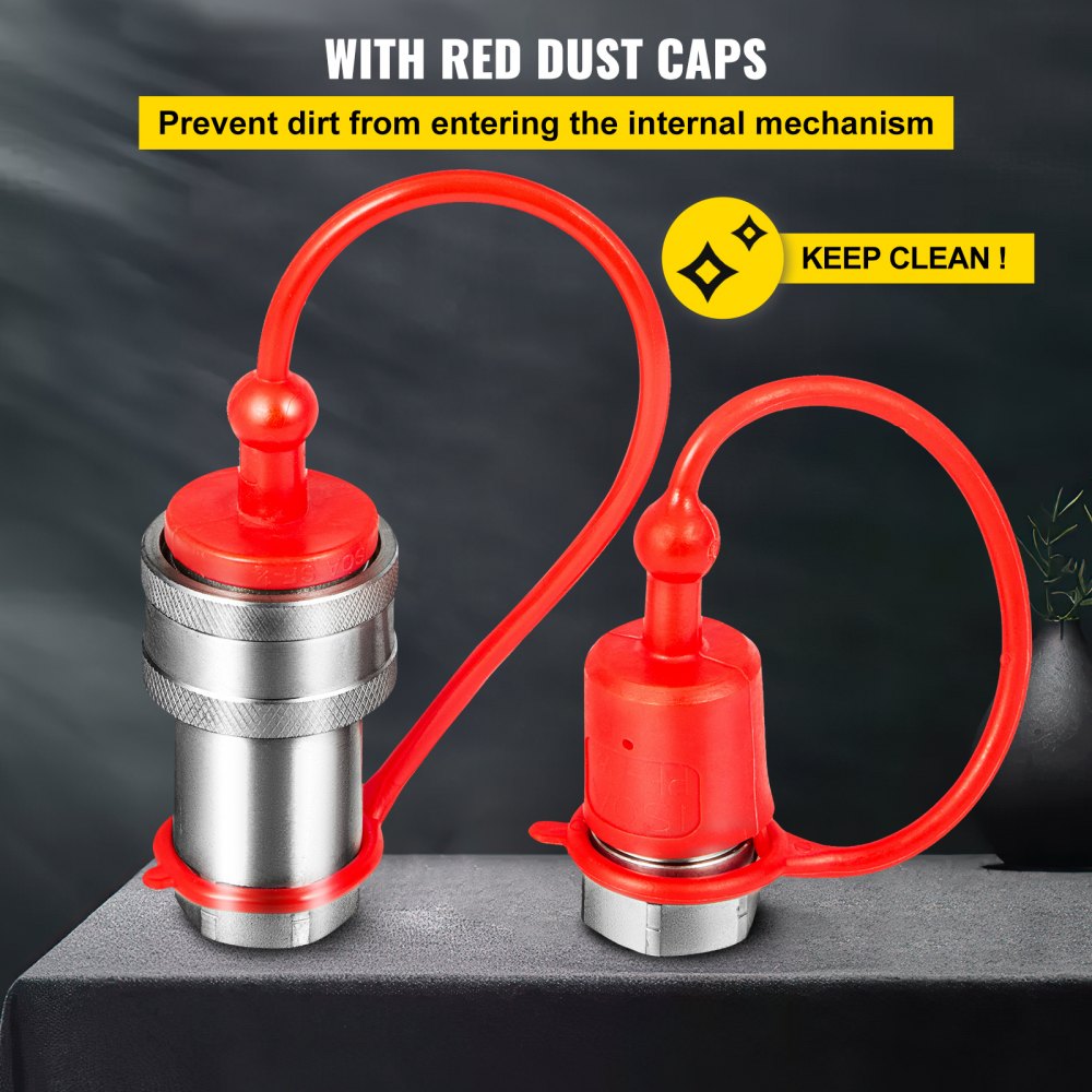 VEVOR Spherical Face Hydraulic Couplers 3/8" Body 3/8" NPT Thread, Skid Steer Quick Connect Couplings, 4061 PSI Hydraulic Fittings, 2 Sets Hydraulic Couplers with Dust Caps for Bobcat Case (ISO) 