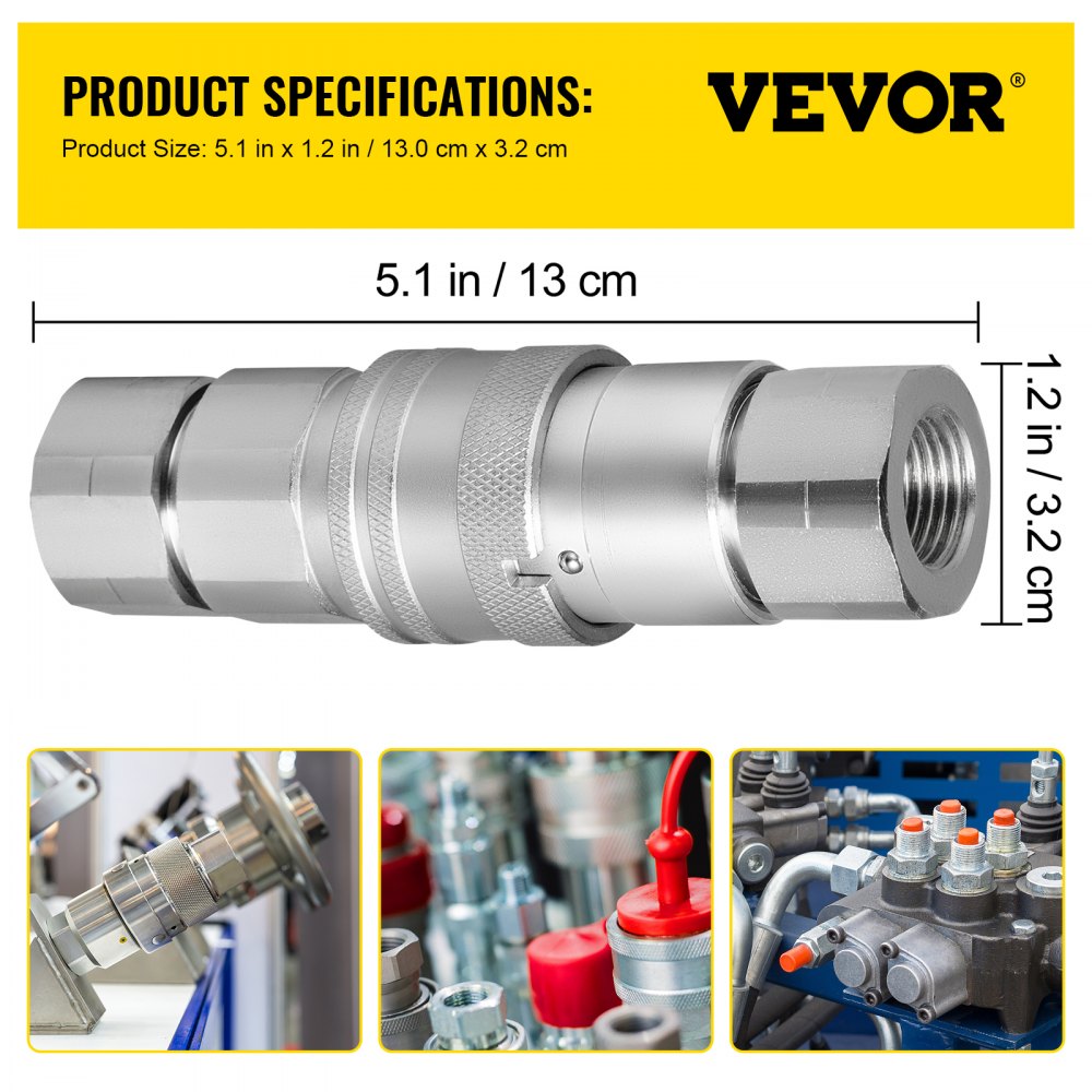 VEVOR Spherical Face Hydraulic Couplers 3/8" Body 3/8" NPT Thread, Skid Steer Quick Connect Couplings, 4061 PSI Hydraulic Fittings, 2 Sets Hydraulic Couplers with Dust Caps for Bobcat Case (ISO) 