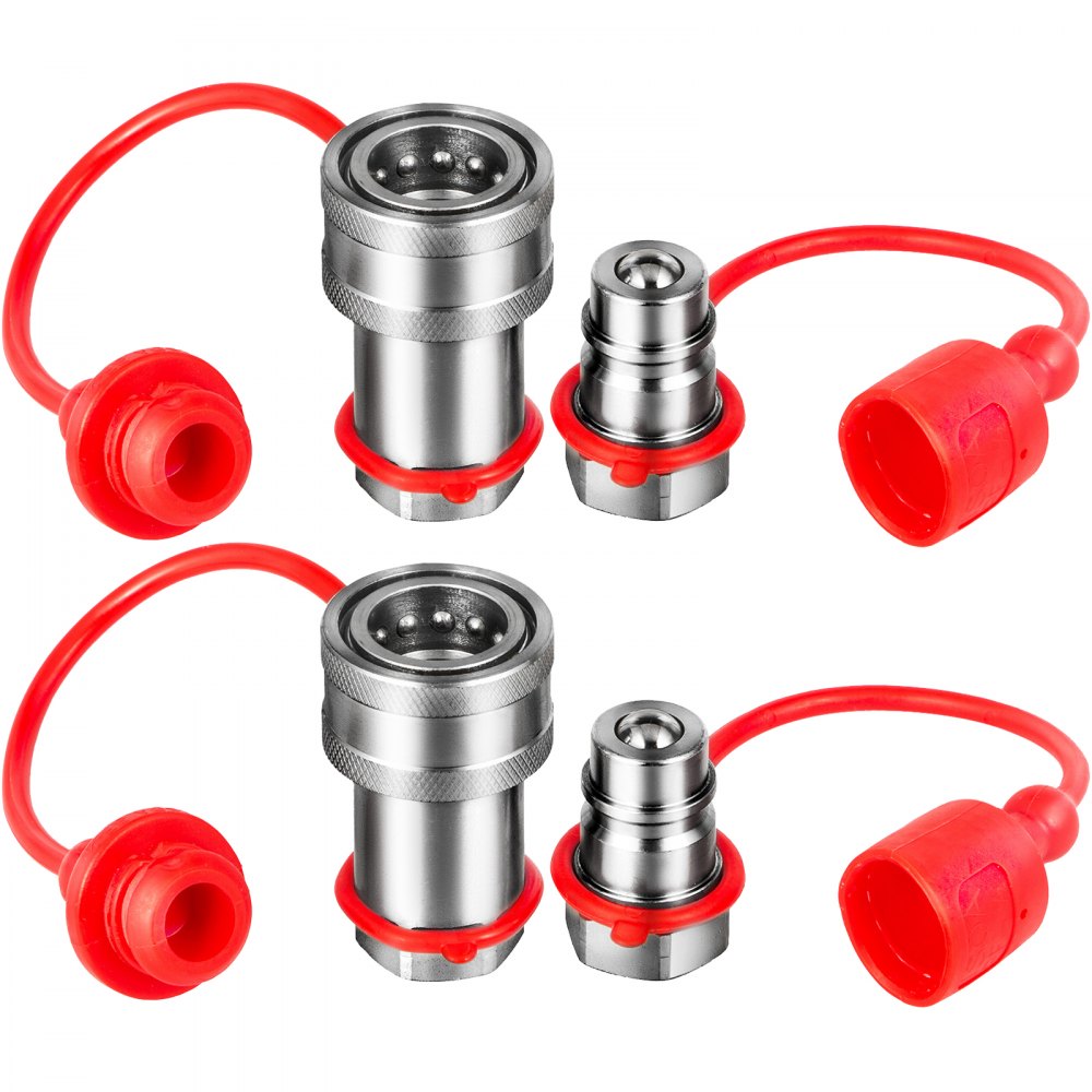VEVOR Spherical Face Hydraulic Couplers 3/8" Body 3/8" NPT Thread, Skid Steer Quick Connect Couplings, 4061 PSI Hydraulic Fittings, 2 Sets Hydraulic Couplers with Dust Caps for Bobcat Case (ISO) 