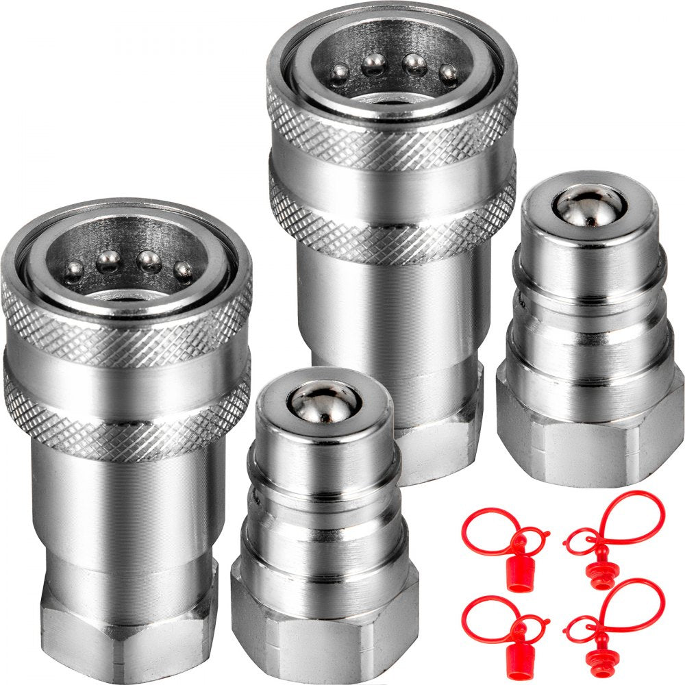 VEVOR Spherical Face Hydraulic Couplers 3/8" Body 3/8" NPT Thread, Skid Steer Quick Connect Couplings, 4061 PSI Hydraulic Fittings, 2 Sets Hydraulic Couplers with Dust Caps for Bobcat Case (ISO) 