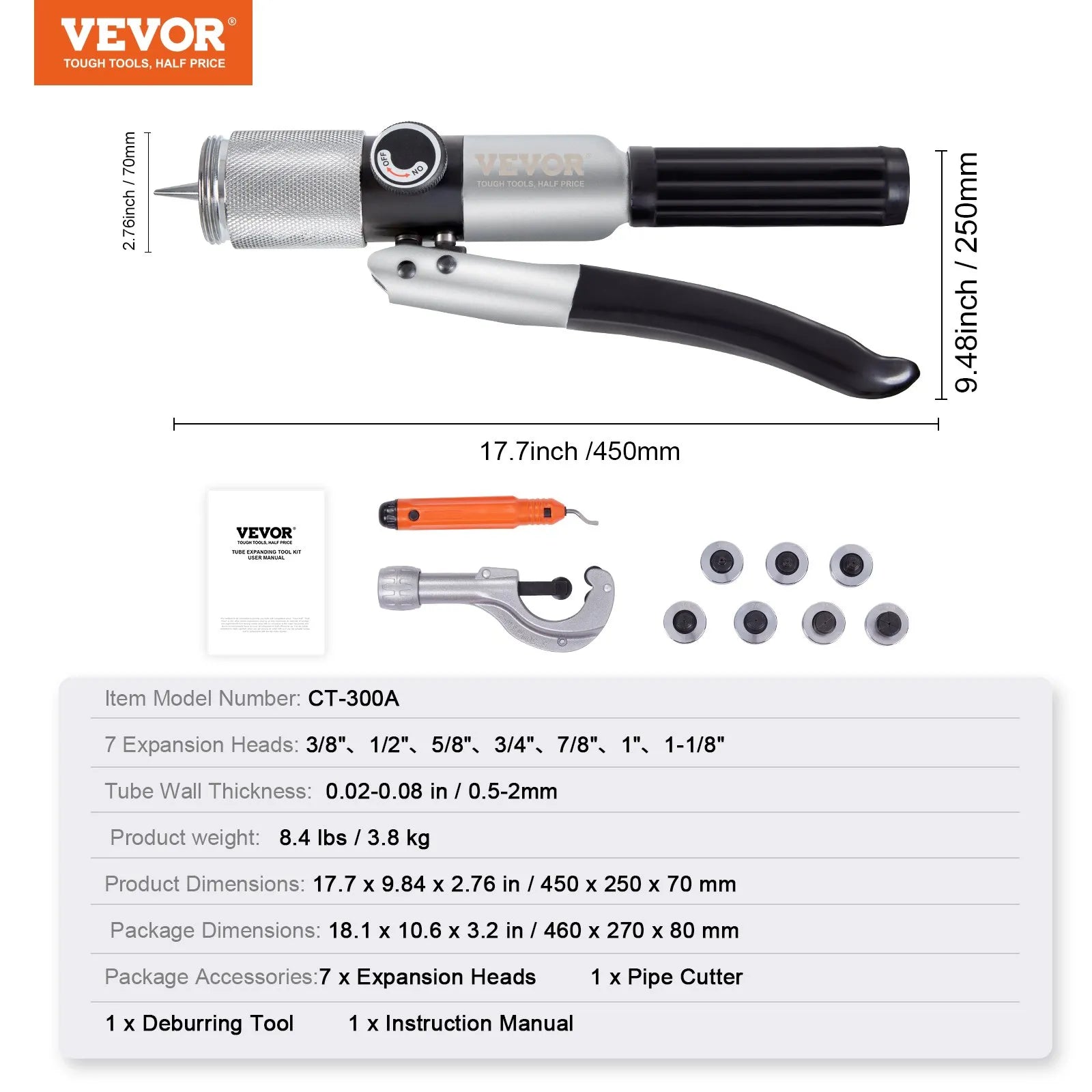 VEVOR Hydraulic Tube Expander, 3/8" to 1-1/8" OD, HAVC Hydraulic Swaging Tool with 7 Pipe Expander Heads, Deburring Tool, Pipe Cutter for Copper Aluminum Brass Soft Steel Pipes