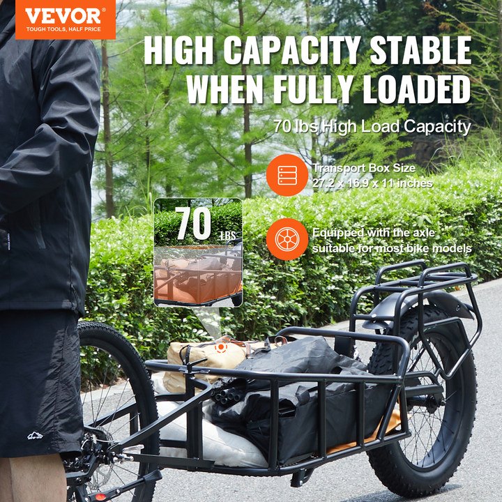 VEVOR Bike Cargo Trailer, 70 lbs Load Capacity, Heavy-Duty Bicycle Wagon Cart, Compact Storage & Quick Release Structure with Universal Hitch, 20" Wheels, Fits Most Bike Wheels, Carbon Steel Frame 