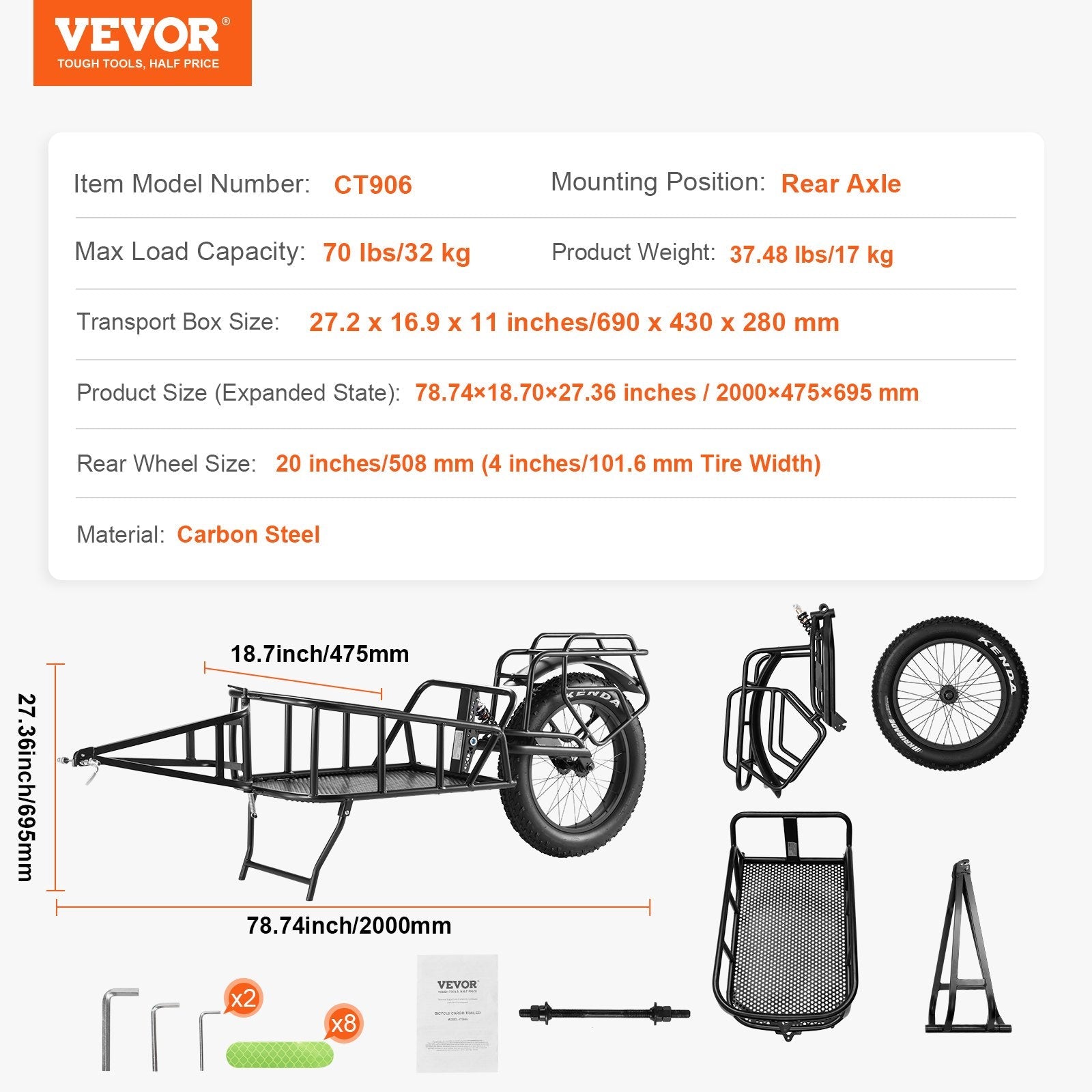 VEVOR Bike Cargo Trailer, 70 lbs Load Capacity, Heavy-Duty Bicycle Wagon Cart, Compact Storage & Quick Release Structure with Universal Hitch, 20" Wheels, Fits Most Bike Wheels, Carbon Steel Frame 