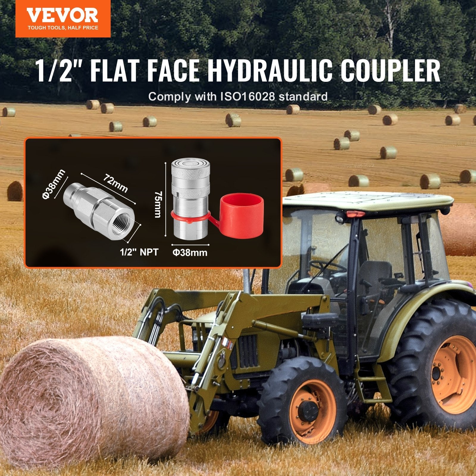 VEVOR 1/2" Flat Face Hydraulic Couplers, 3/4 SAE Skid Steer Hydraulic Quick Connect Couplers with 2 Dust Caps (ISO16028) 