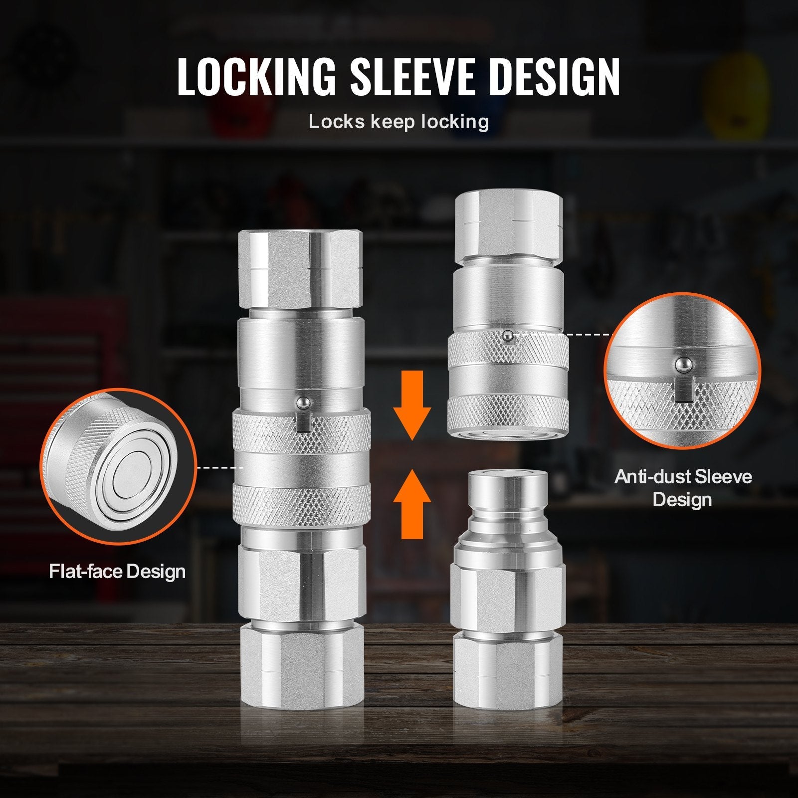 VEVOR 1/2" Flat Face Hydraulic Couplers, 3/4 SAE Skid Steer Hydraulic Quick Connect Couplers with 2 Dust Caps (ISO16028) 