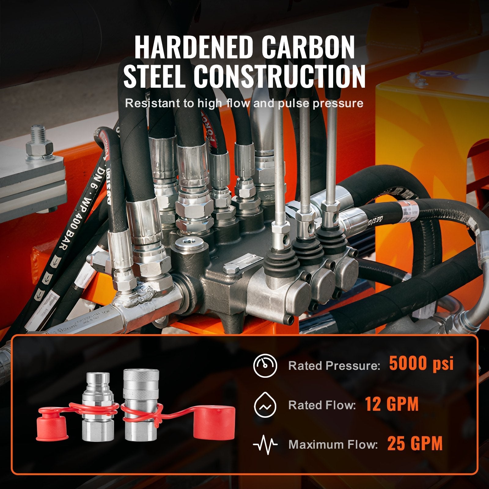 VEVOR 1/2" Flat Face Hydraulic Couplers, 3/4 SAE Skid Steer Hydraulic Quick Connect Couplers with 2 Dust Caps (ISO16028) 