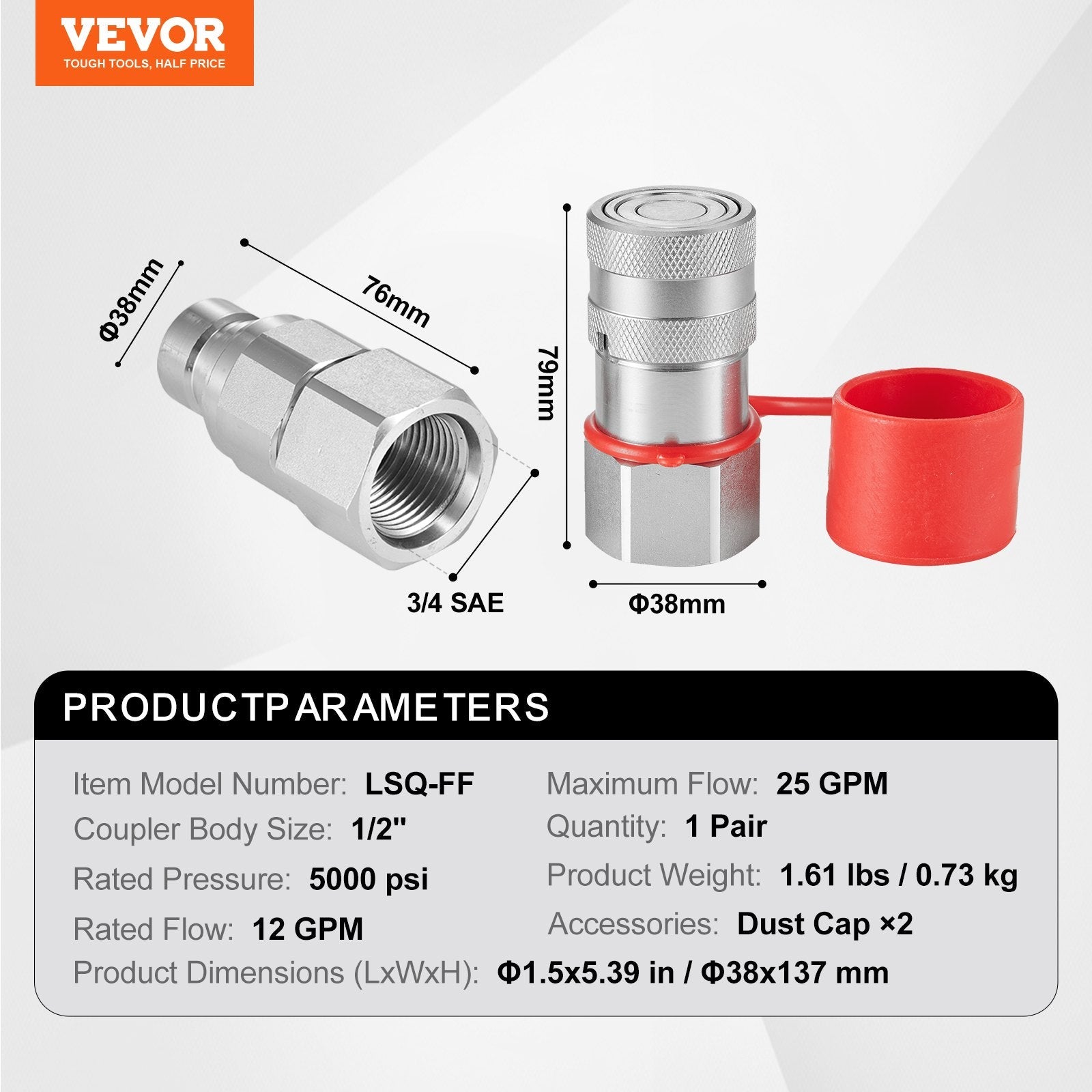 VEVOR 1/2" Flat Face Hydraulic Couplers, 3/4 SAE Skid Steer Hydraulic Quick Connect Couplers with 2 Dust Caps (ISO16028) 