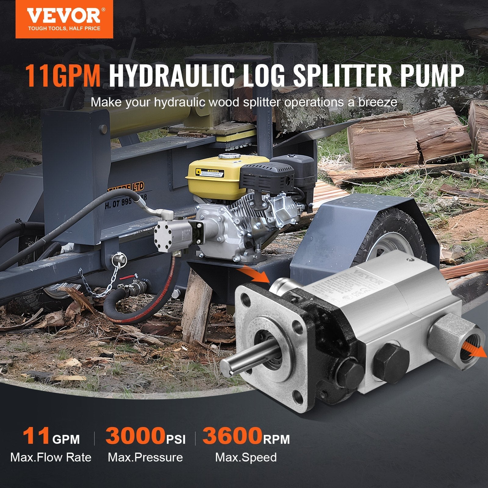 VEVOR Hydraulic Log Splitter Pump, 11GPM, 2 Stage 3000PSI Wood Log Splitter Pump, 1'' Inlet 1/2'' NPT Outlet 3600 RPM Aluminum Hydraulic Gear Pump, for Small Engine Mounting Log Splitters Snowplow 