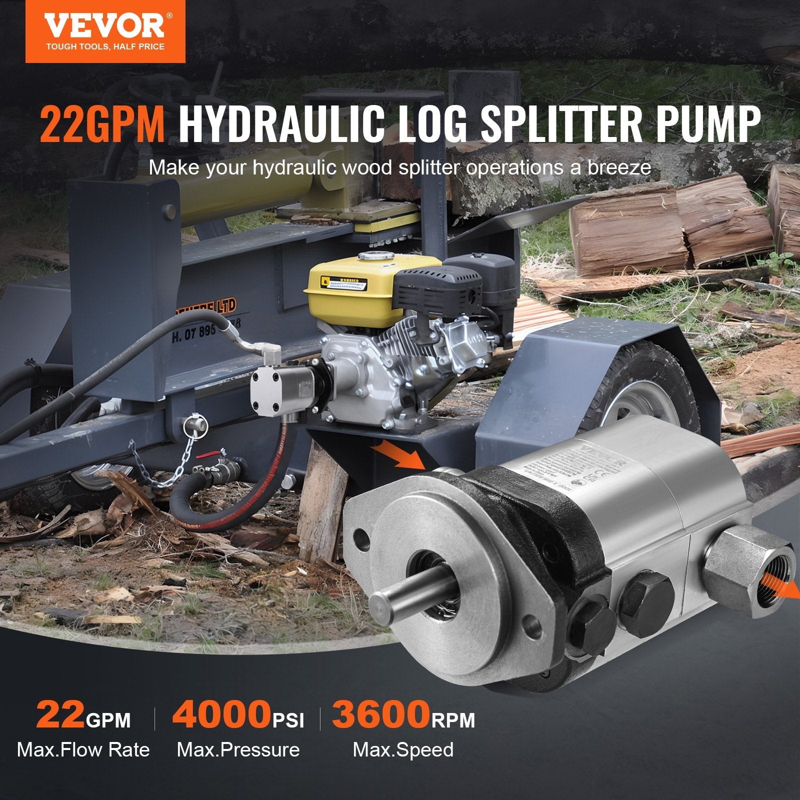 VEVOR Hydraulic Log Splitter Pump, 22GPM, 2 Stage 4000PSI Wood Log Splitter Pump, 1'' Inlet 3/4'' NPT Outlet 3600 RPM Aluminum Hydraulic Gear Pump, for Small Engine Mounting Log Splitters Snowplow 
