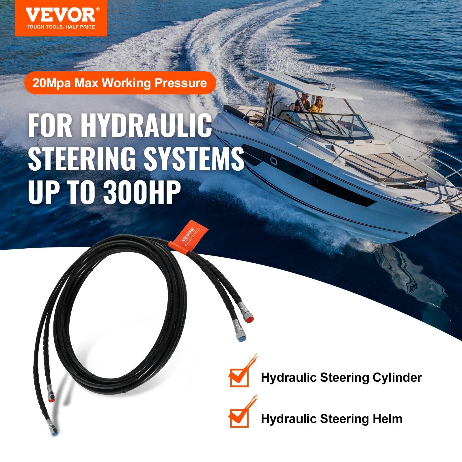 VEVOR Outboard Hose Kit, 20 ft Hydraulic Steering Hose, 2-Piece Leak-Proof TPEE Hydraulic Boat Hoses, Compatible with Marine Hydraulic Outboard Steering Boat System up to 300 HP 