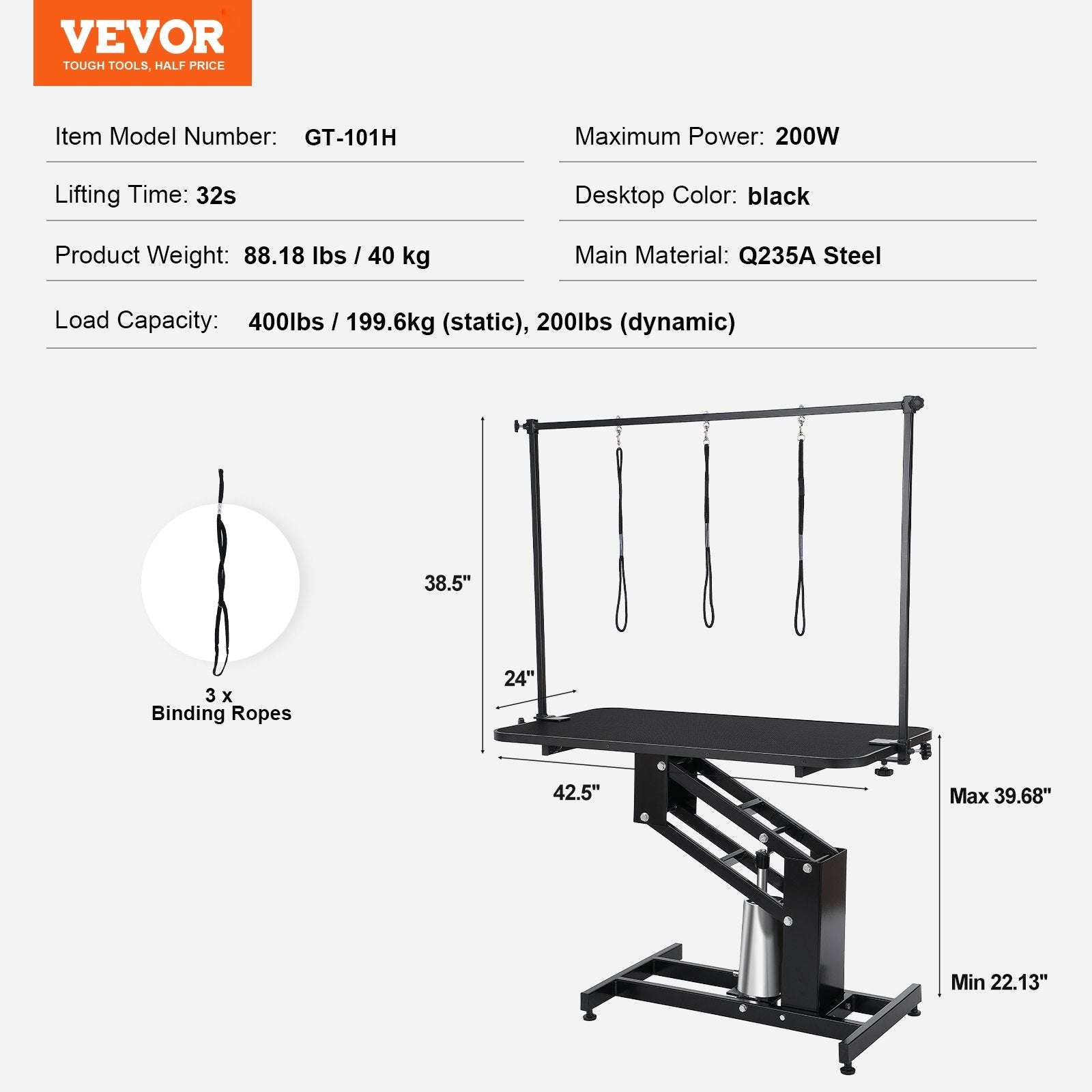 VEVOR 43" Hydraulic Pet Grooming Table, Heavy Duty Dog Grooming Arm for Medium/ Small Dogs, Height Adjustable Dog Grooming Station, Anti Slip Tabletop /Dog Grooming Station, Max Bearing 400LBS 
