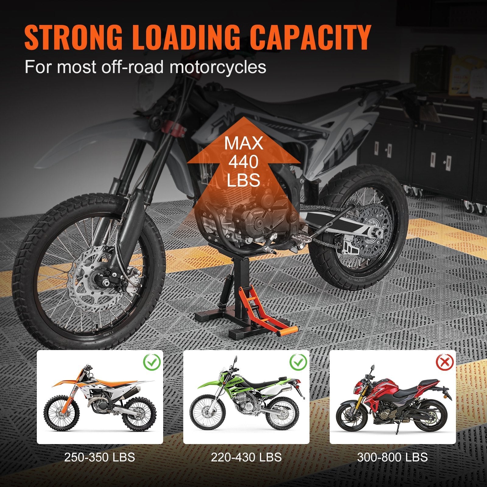VEVOR Dirt Bike Lift Stand, Motorcycle Jack Lift Stand 440 lbs Capacity and Hydraulic Lift Operation, Adjustable Height Hoist Table, for Dirt Pit Bike Repair, Maintenance, Dirt Bike Accessories 