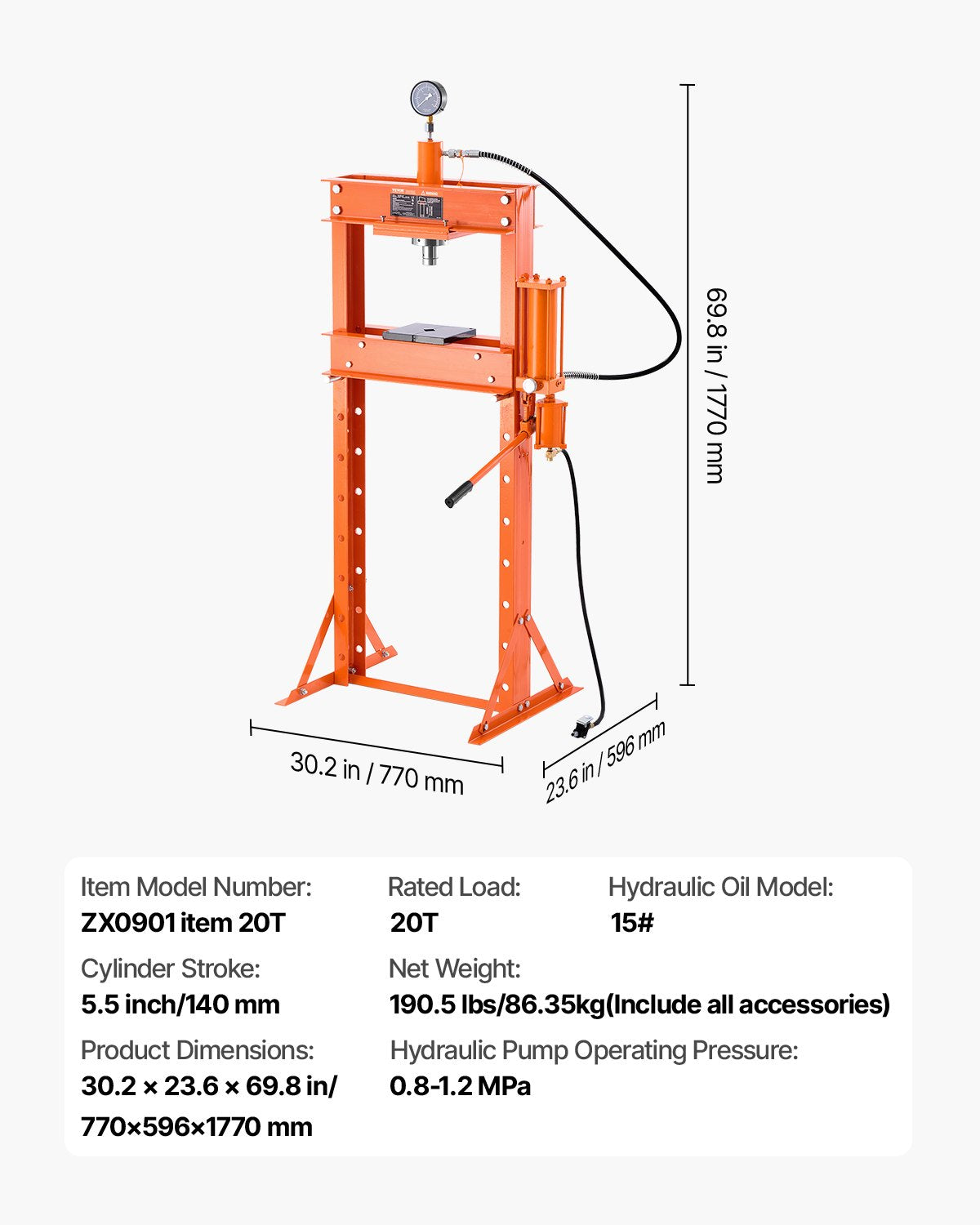 VEVOR 20 T Hydraulic Shop Press Hydraulic Press with Press Plate for Bending 