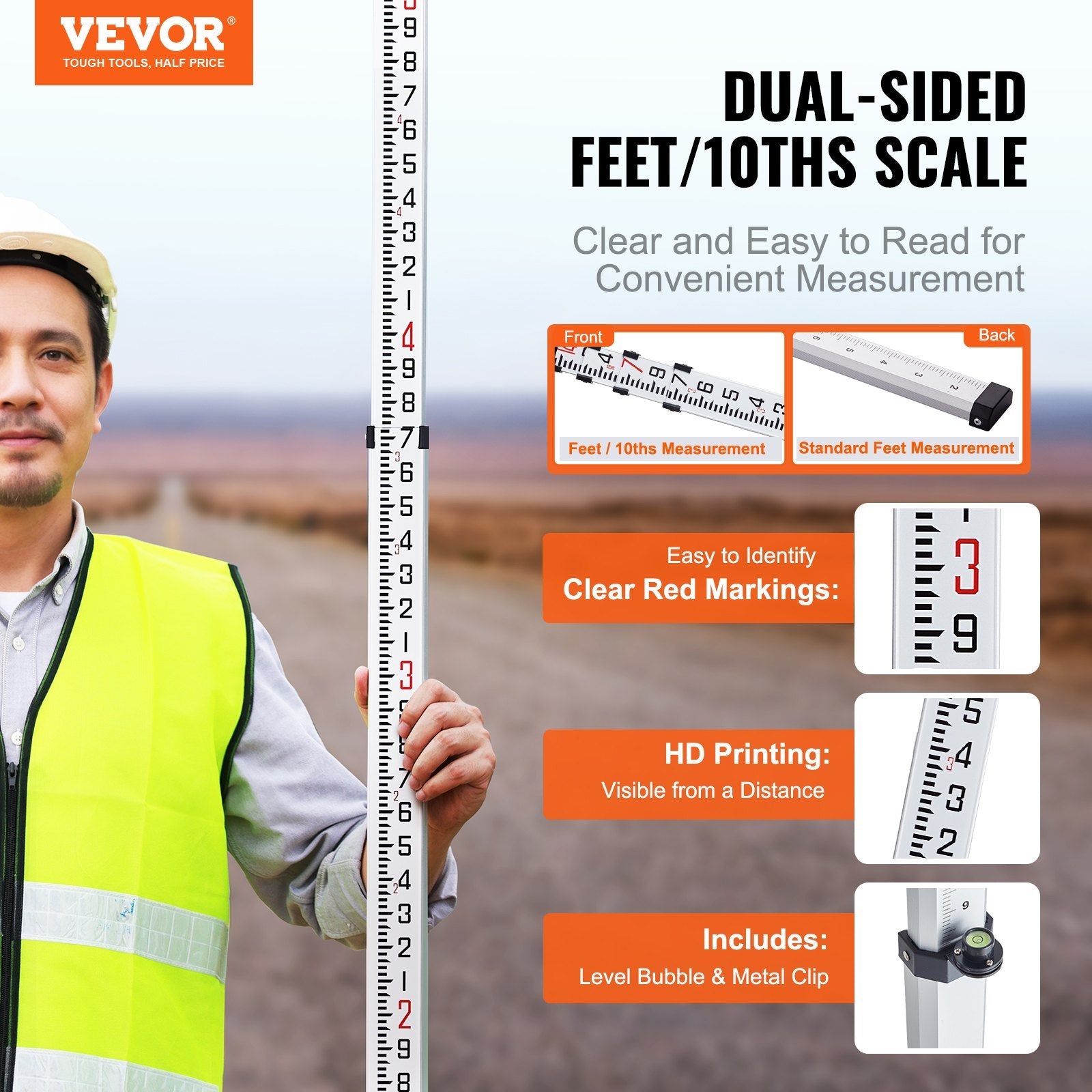 VEVOR Measuring Rod 14-Feet/10ths 6 Sections Telescopic Grade Rod 1/10 ft w/ Bag 