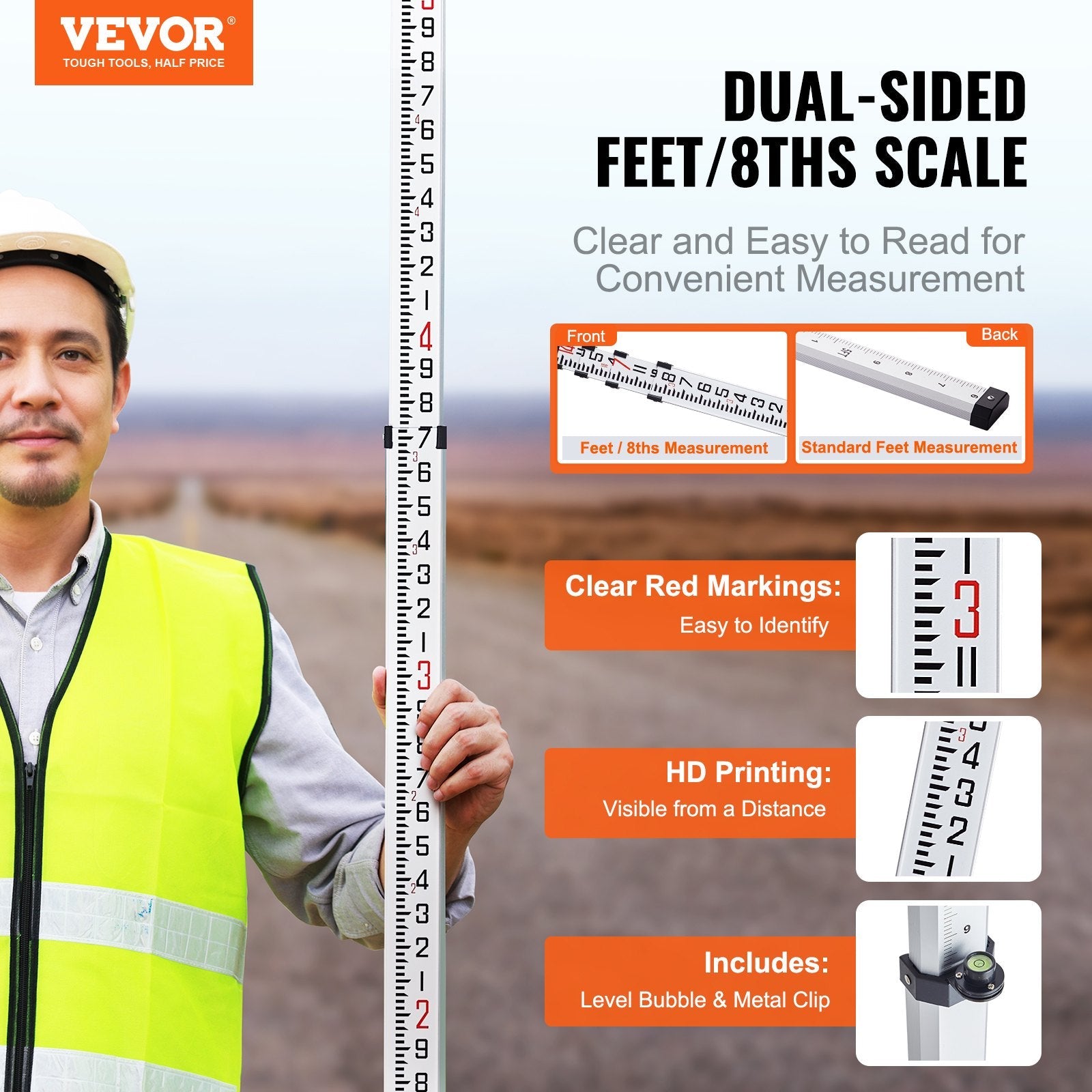 VEVOR Measuring Rod 14-Feet/8ths 4 Sections Telescopic Grade Rod 1/8in w/ Bag 