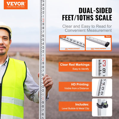 VEVOR Measuring Rod 16-Feet/10ths 4 Sections Telescopic Grade Rod 1/10ft w/ Bag 
