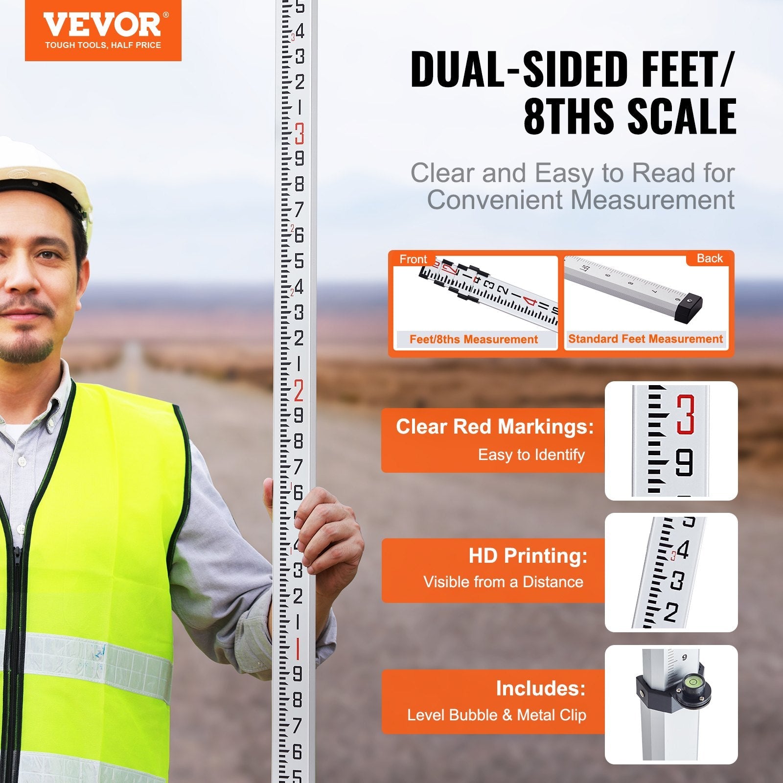 VEVOR Measuring Rod 16-Feet/8ths 4 Sections Telescopic Grade Rod 1/8in w/ Bag 
