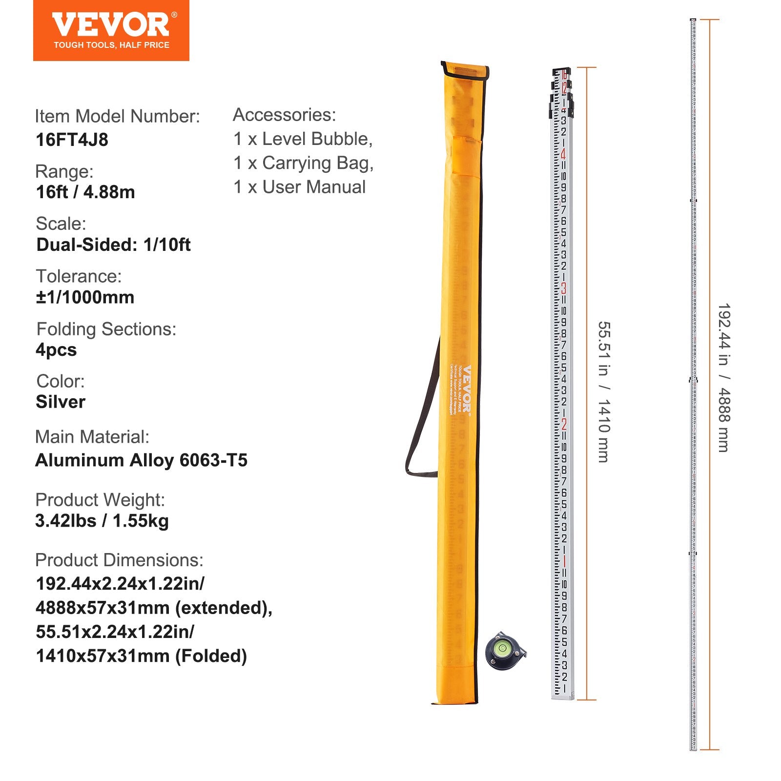 VEVOR Measuring Rod 16-Feet/8ths 4 Sections Telescopic Grade Rod 1/8in w/ Bag 