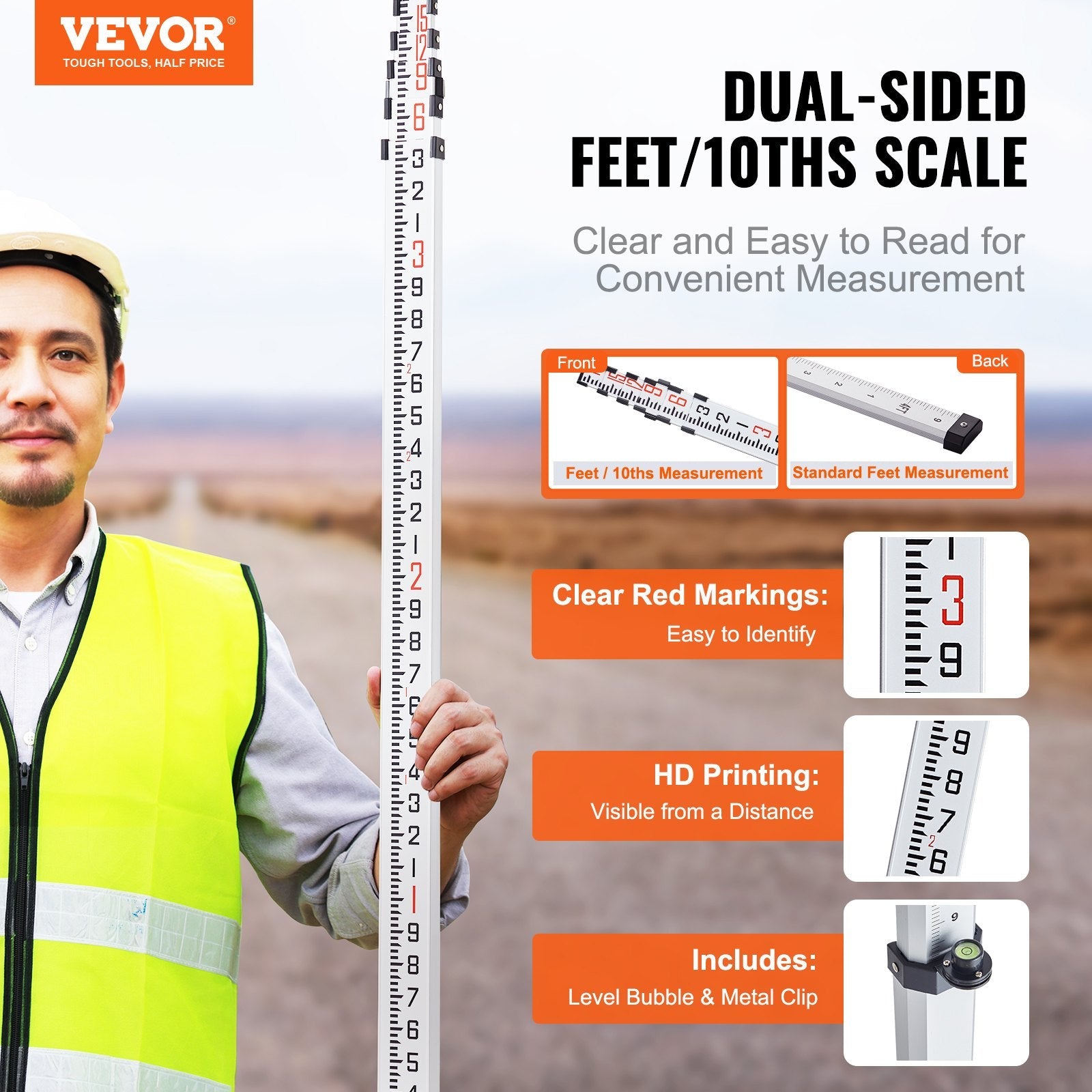 VEVOR Measuring Rod 18-Feet/10ths 6 Sections Telescopic Grade Rod 1/10ft w/ Bag 