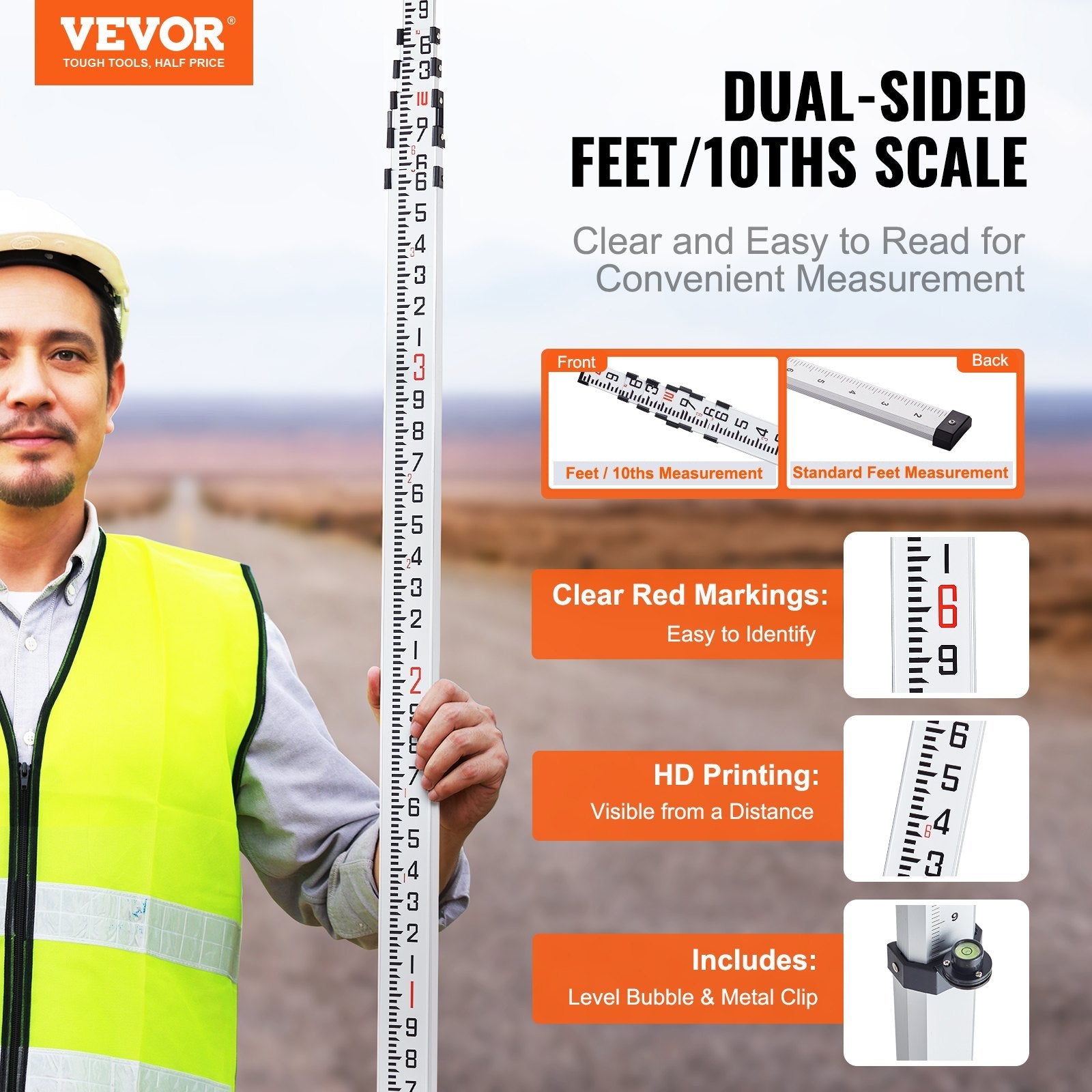 VEVOR Measuring Rod 20-Feet/10ths 6 Sections Telescopic Grade Rod 1/10ft w/ Bag 