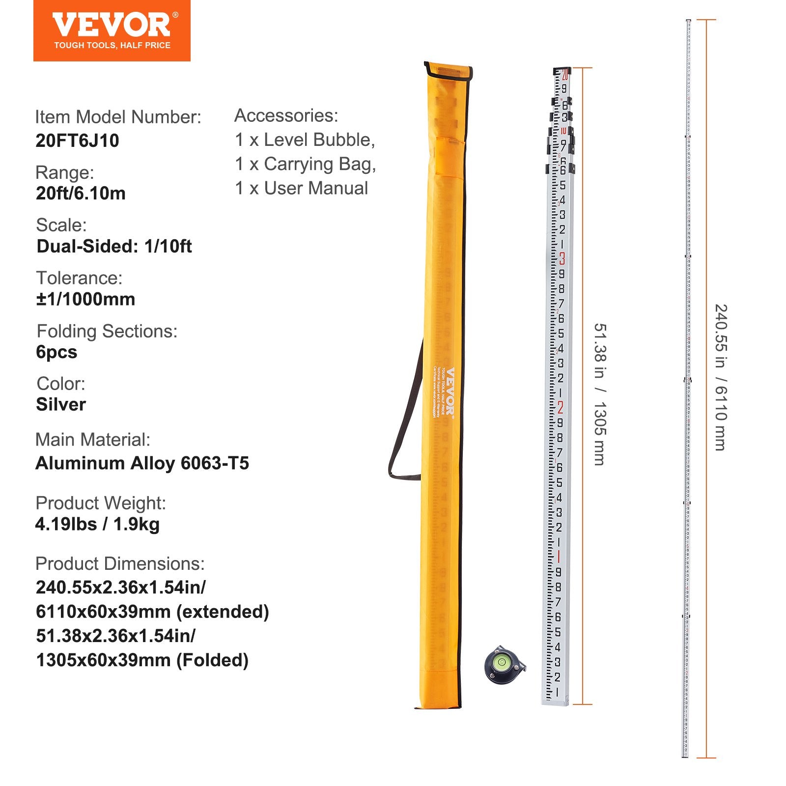 VEVOR Measuring Rod 20-Feet/10ths 6 Sections Telescopic Grade Rod 1/10ft w/ Bag 