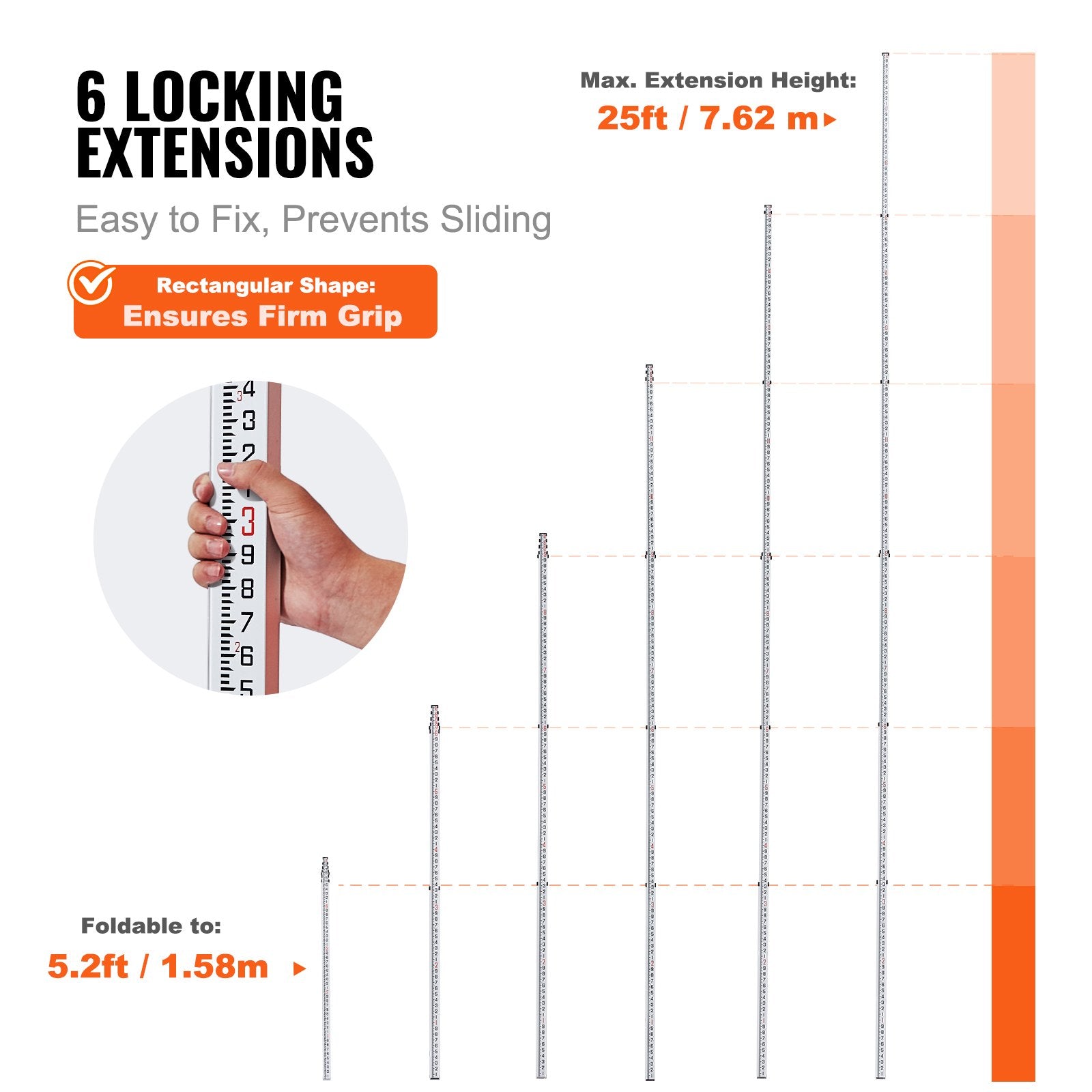 VEVOR Measuring Rod 25-Feet/10ths 6 Sections Telescopic Grade Rod 1/10ft w/ Bag 