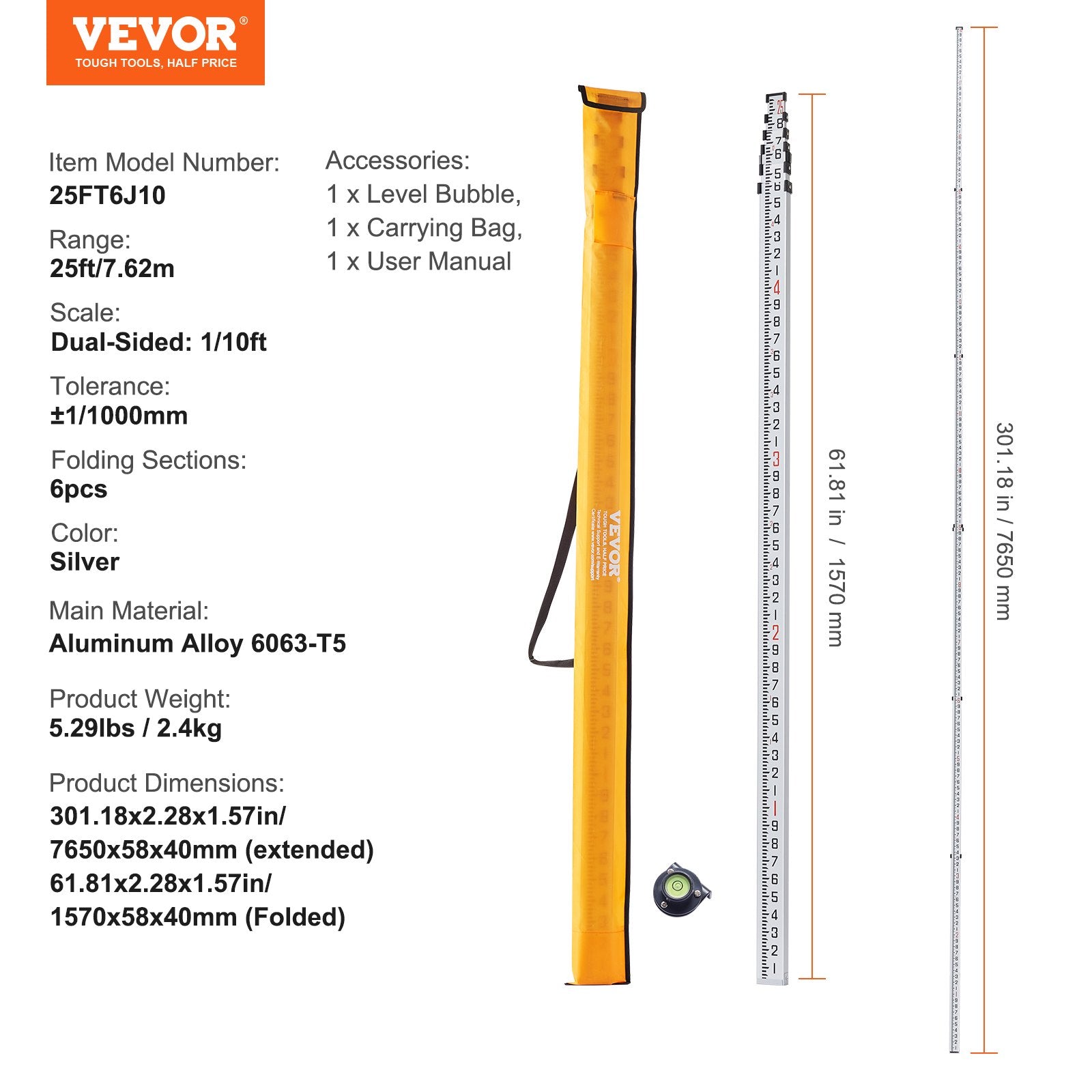 VEVOR Measuring Rod 25-Feet/10ths 6 Sections Telescopic Grade Rod 1/10ft w/ Bag 