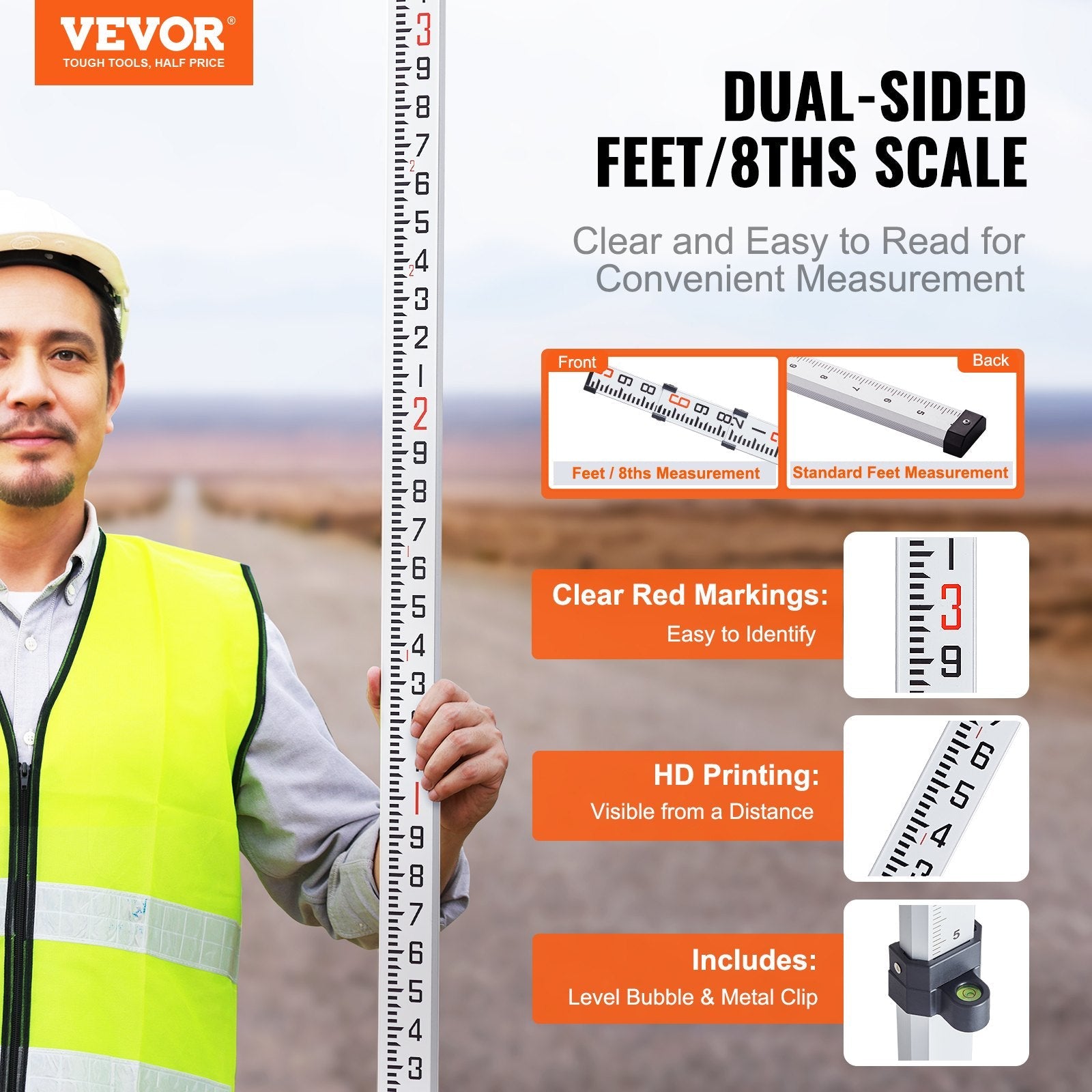 VEVOR Measuring Rod 9-Feet/10ths 3 Sections Telescopic Grade Rod 1/10ft w/ Bag 
