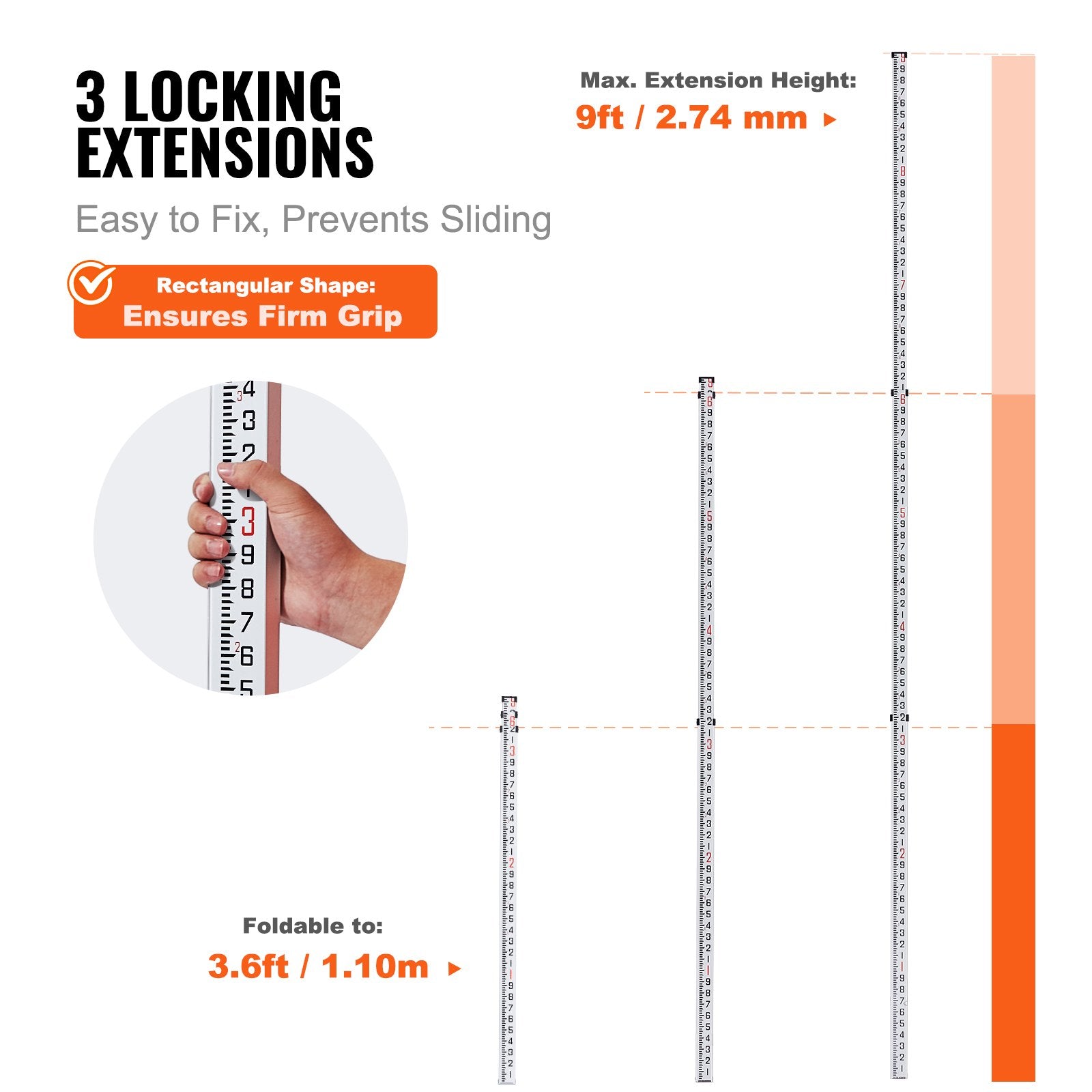 VEVOR Measuring Rod 9-Feet/10ths 3 Sections Telescopic Grade Rod 1/10ft w/ Bag 