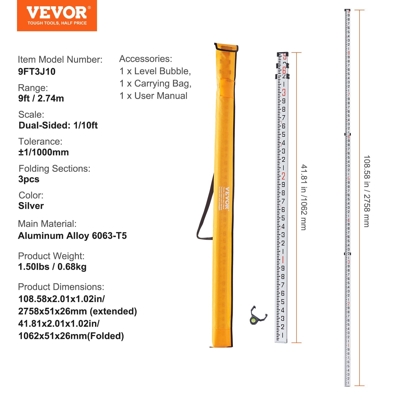 VEVOR Measuring Rod 9-Feet/10ths 3 Sections Telescopic Grade Rod 1/10ft w/ Bag 
