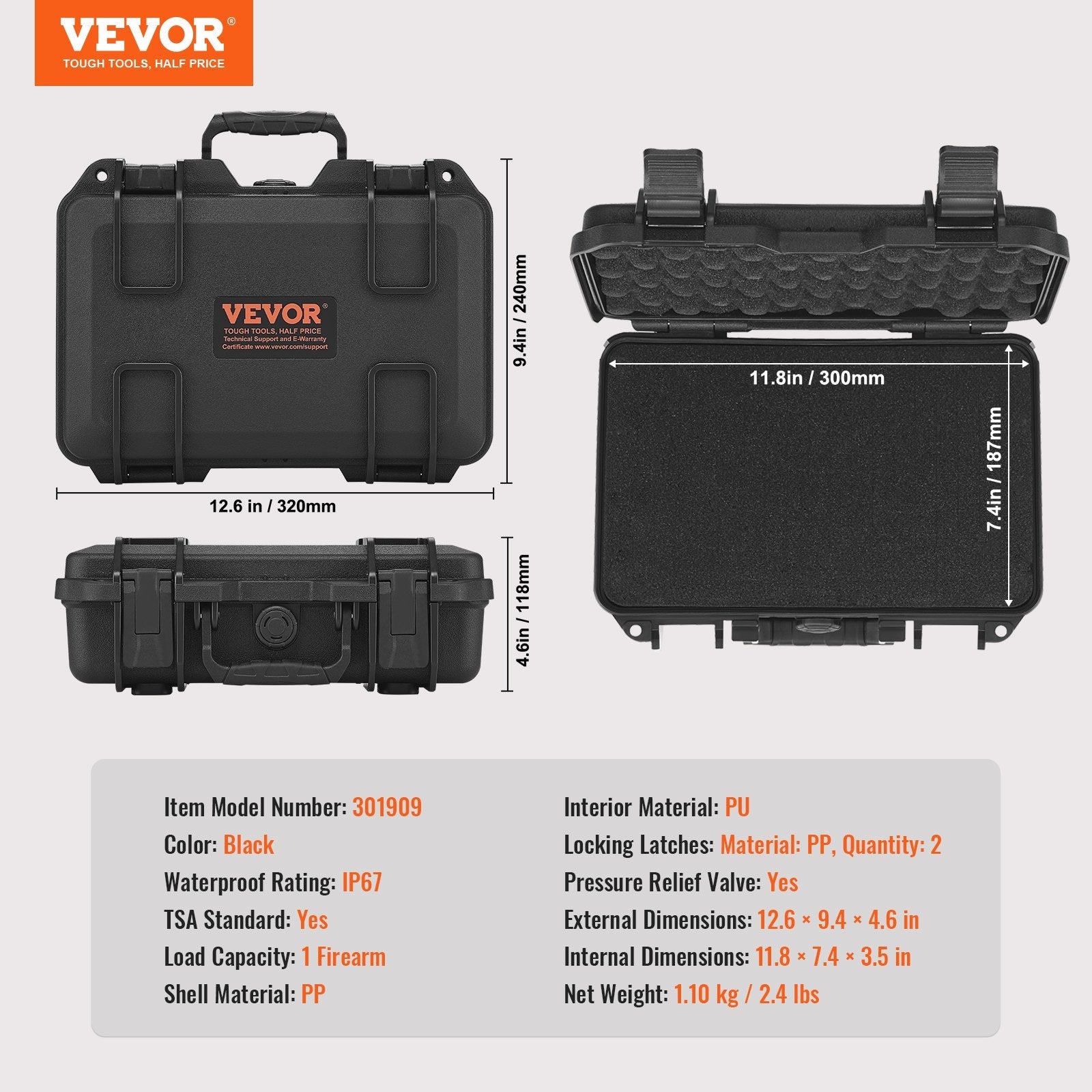 VEVOR Hard Pistol Cases with Pre-cut PU Foam Lockable Pistol Case for 1 Pistol 