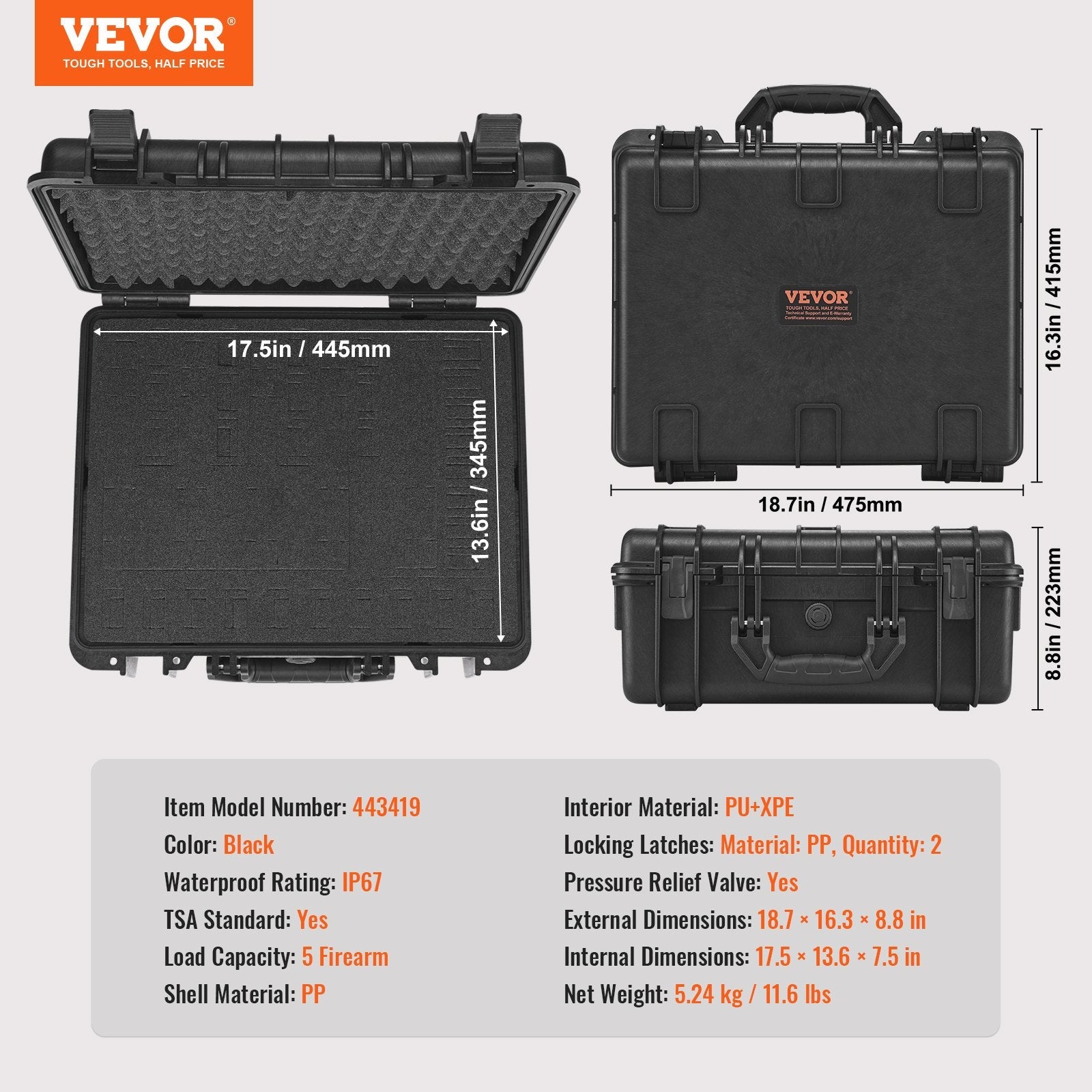 VEVOR Hard Pistol Cases with Pre-cut Lining Lockable Pistol Case for 5 Pistol 