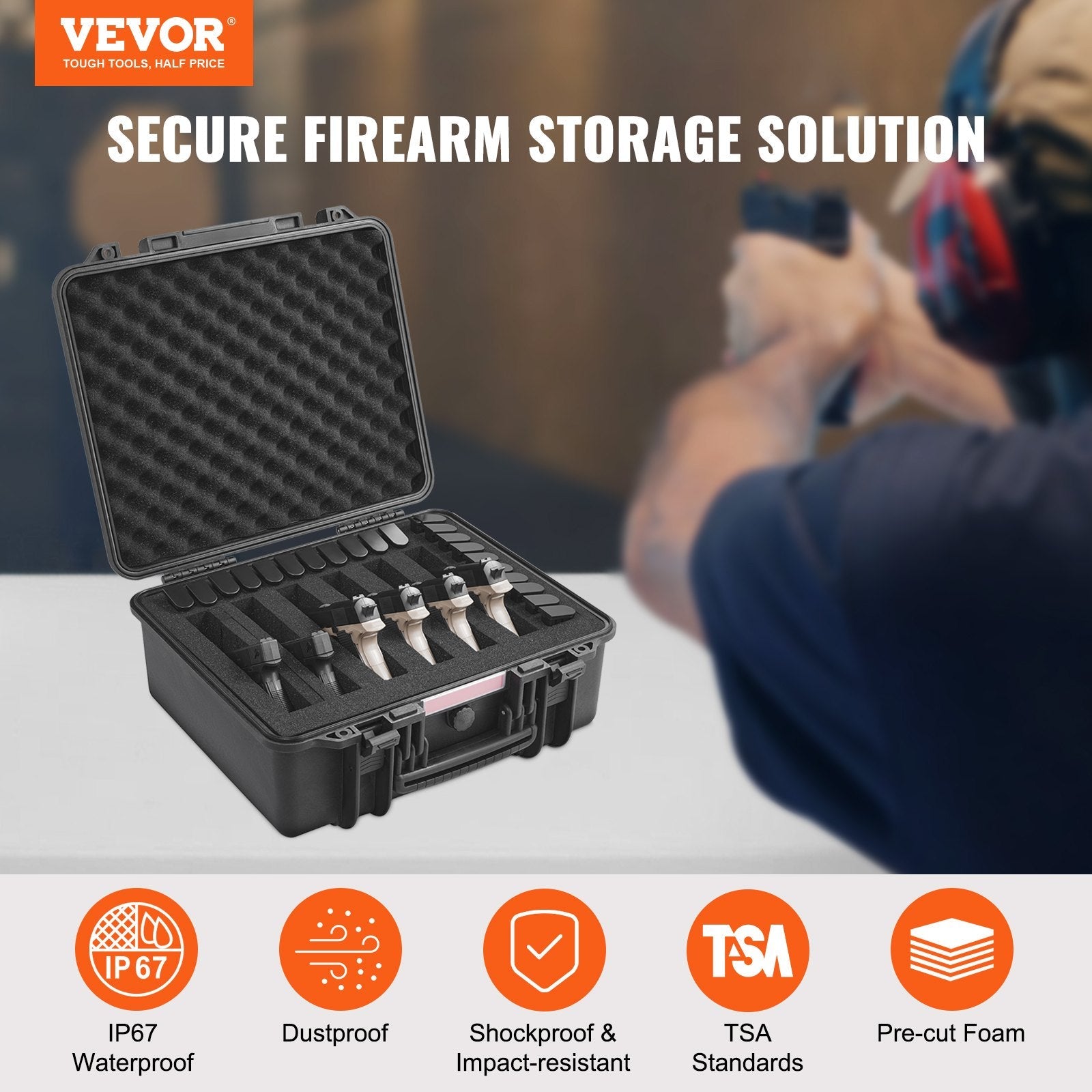 VEVOR Hard Pistol Cases with Pre-cut PU Foam Lockable Pistol Case for 6 Pistol 