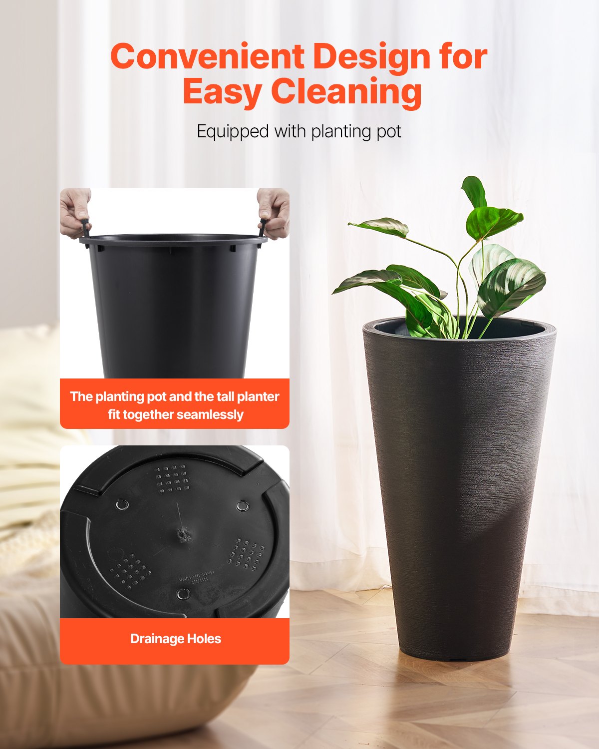 VEVOR Tall Planter Set of 2 Round Tapered Plant Pots 24 in for Outdoor Indoor 