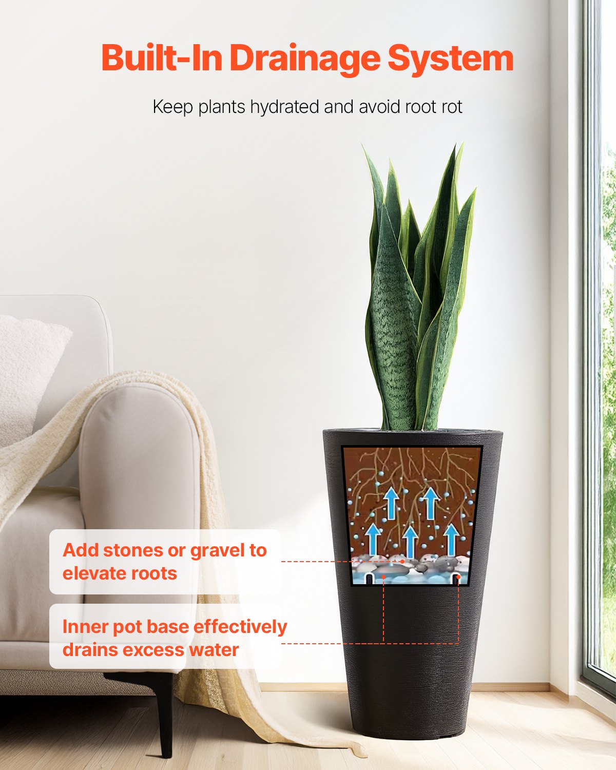 VEVOR Tall Planter Set of 2 Round Tapered Plant Pots 24 in for Outdoor Indoor 