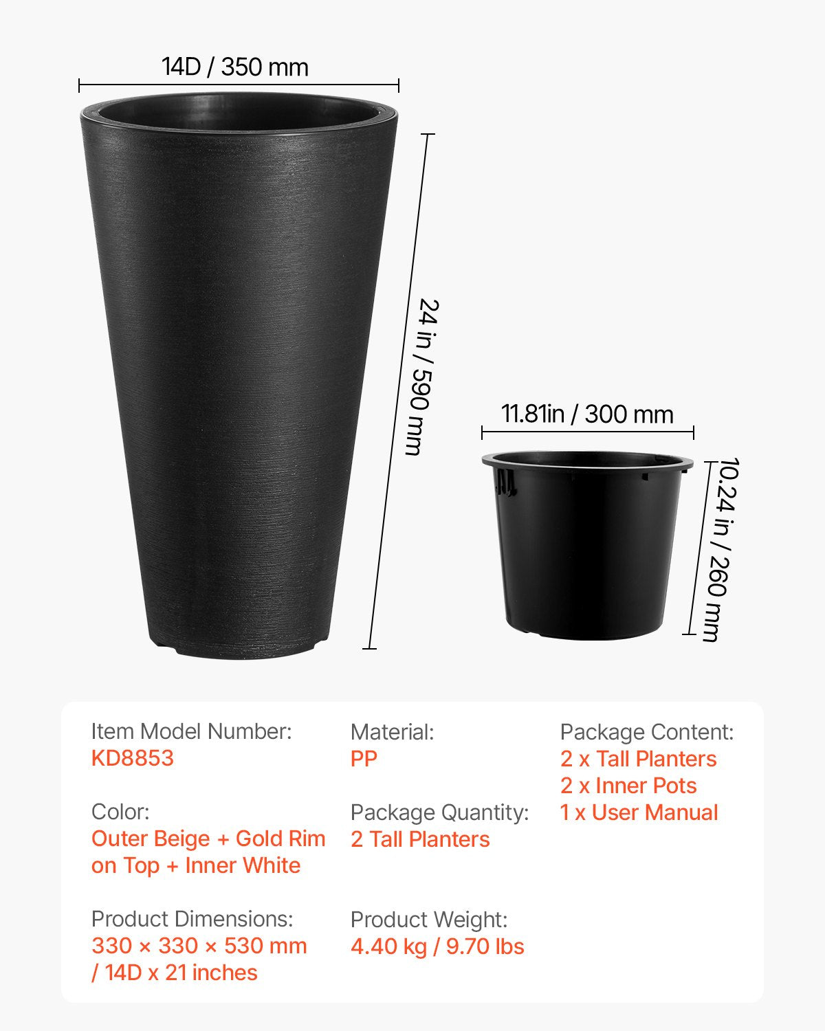 VEVOR Tall Planter Set of 2 Round Tapered Plant Pots 24 in for Outdoor Indoor 