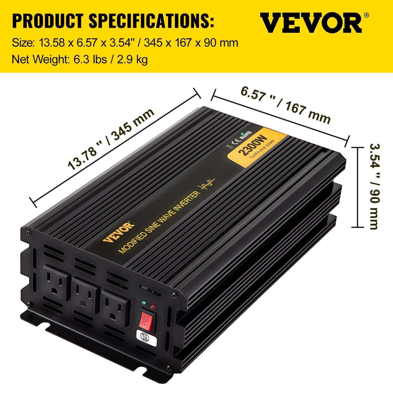 VEVOR Power Inverter, 2300W Modified Sine Wave Inverter, DC 24V to AC 120V Car Converter, with LCD Remote Controller, LED Indicator, AC Outlets Inverter for Truck RV Car Boat Travel Camping Emergency 