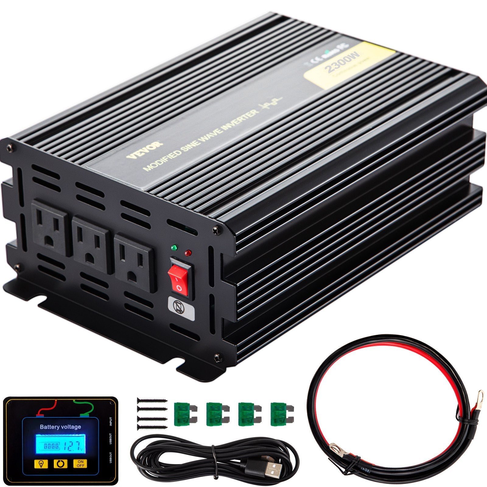 VEVOR Power Inverter, 2300W Modified Sine Wave Inverter, DC 24V to AC 120V Car Converter, with LCD Remote Controller, LED Indicator, AC Outlets Inverter for Truck RV Car Boat Travel Camping Emergency 