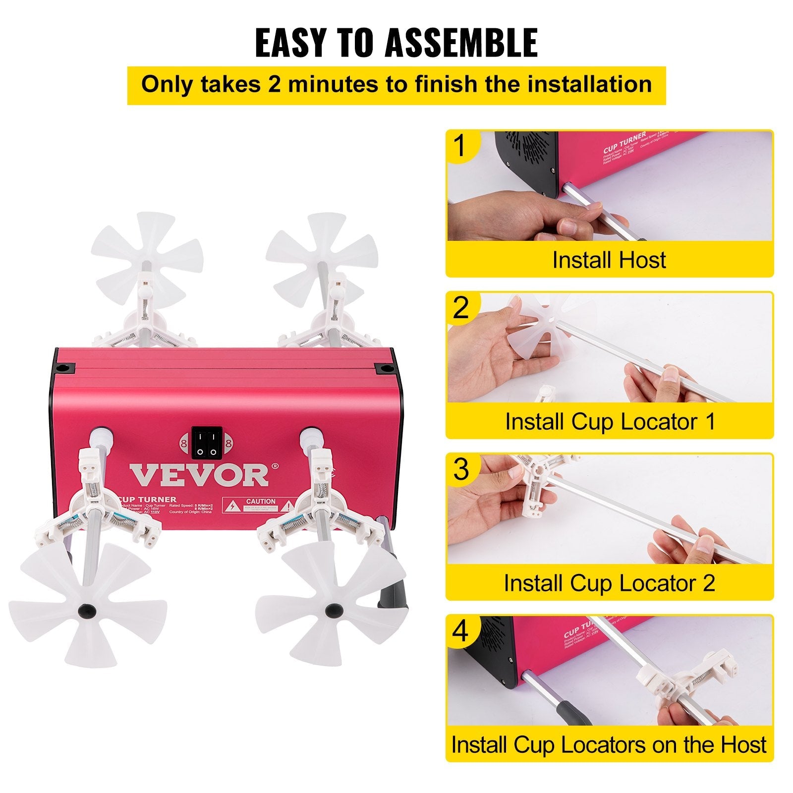 VEVOR 4 Cup Turner, 2 Speeds Multiple Tumbler Spinner Rotator Machine Kit with 4 Removable and Adjustable Arms, Mute Motor, Aluminum Alloy Frame, 4 Independent Switches for DIY Glitter Crafts Red 