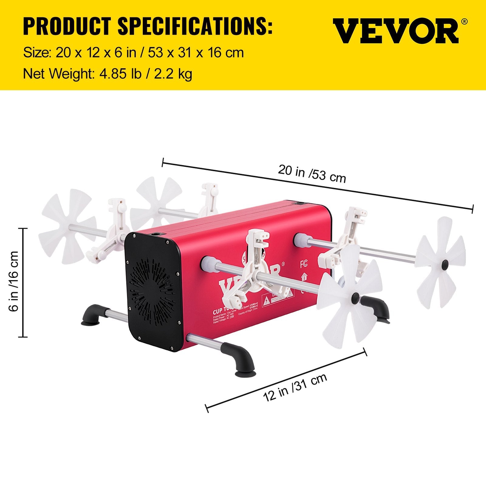 VEVOR 4 Cup Turner, 2 Speeds Multiple Tumbler Spinner Rotator Machine Kit with 4 Removable and Adjustable Arms, Mute Motor, Aluminum Alloy Frame, 4 Independent Switches for DIY Glitter Crafts Red 