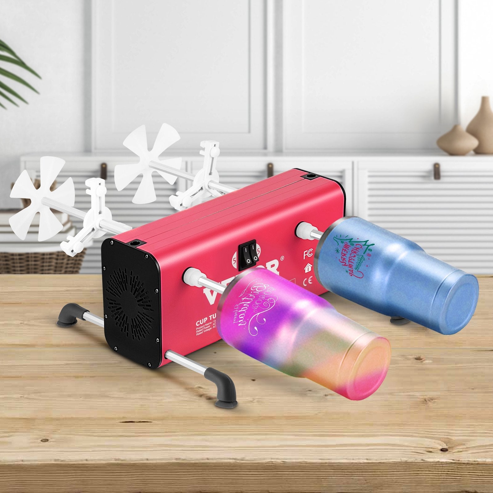 VEVOR 4 Cup Turner, 2 Speeds Multiple Tumbler Spinner Rotator Machine Kit with 4 Removable and Adjustable Arms, Mute Motor, Aluminum Alloy Frame, 4 Independent Switches for DIY Glitter Crafts Red 