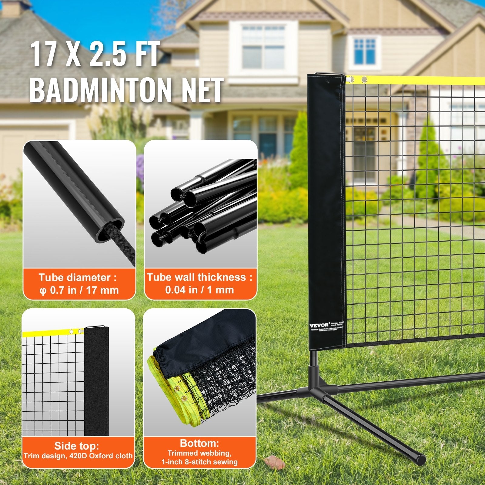 VEVOR Badminton Net, Height Adjustable Volleyball Net, 17ft Wide Foldable Pickleball Net, Portable Easy Setup Tennis Net Set with Poles, Stand and Carry Bag, for Kids Backyard Game Indoor Outdoor Use 