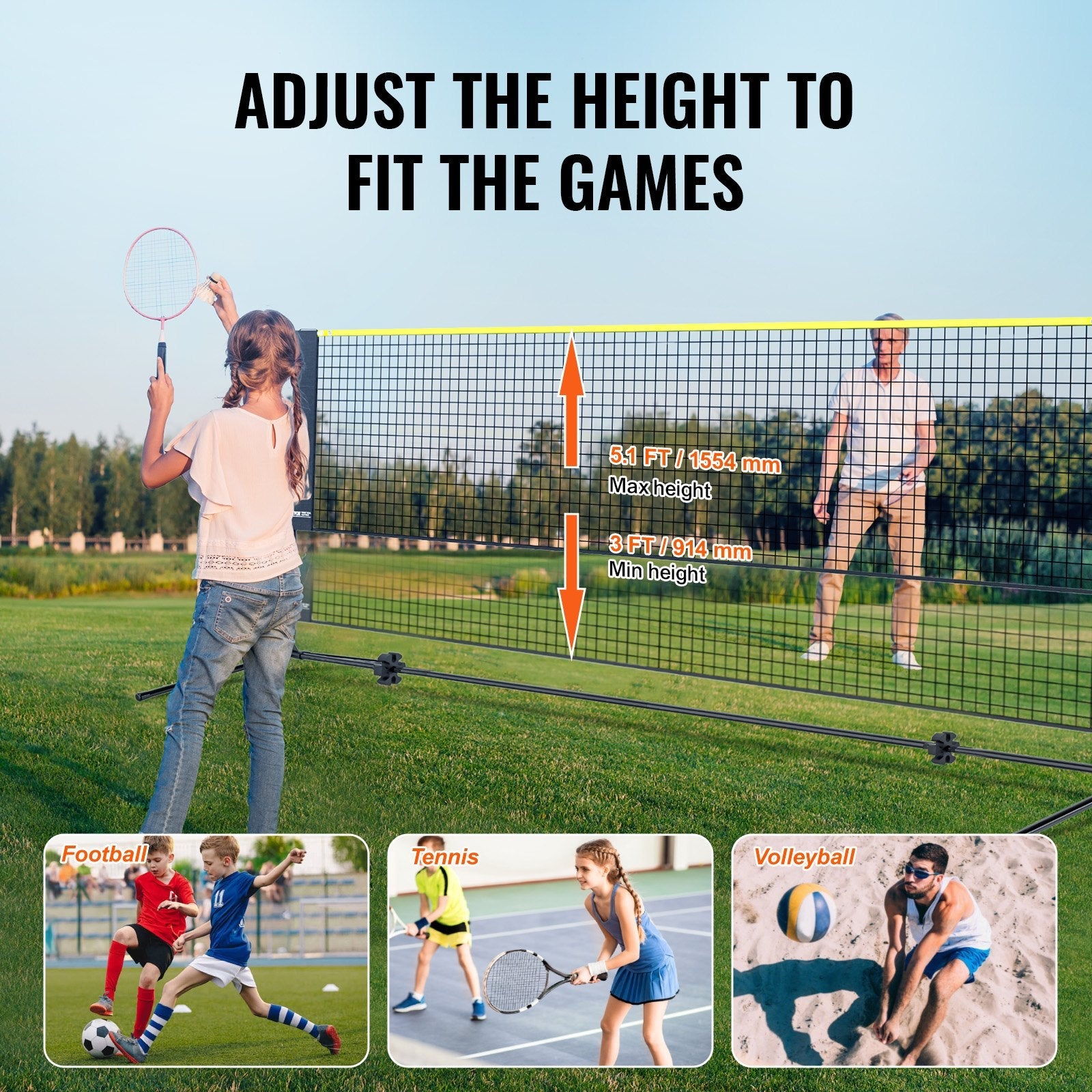VEVOR Badminton Net, Height Adjustable Volleyball Net, 17ft Wide Foldable Pickleball Net, Portable Easy Setup Tennis Net Set with Poles, Stand and Carry Bag, for Kids Backyard Game Indoor Outdoor Use 