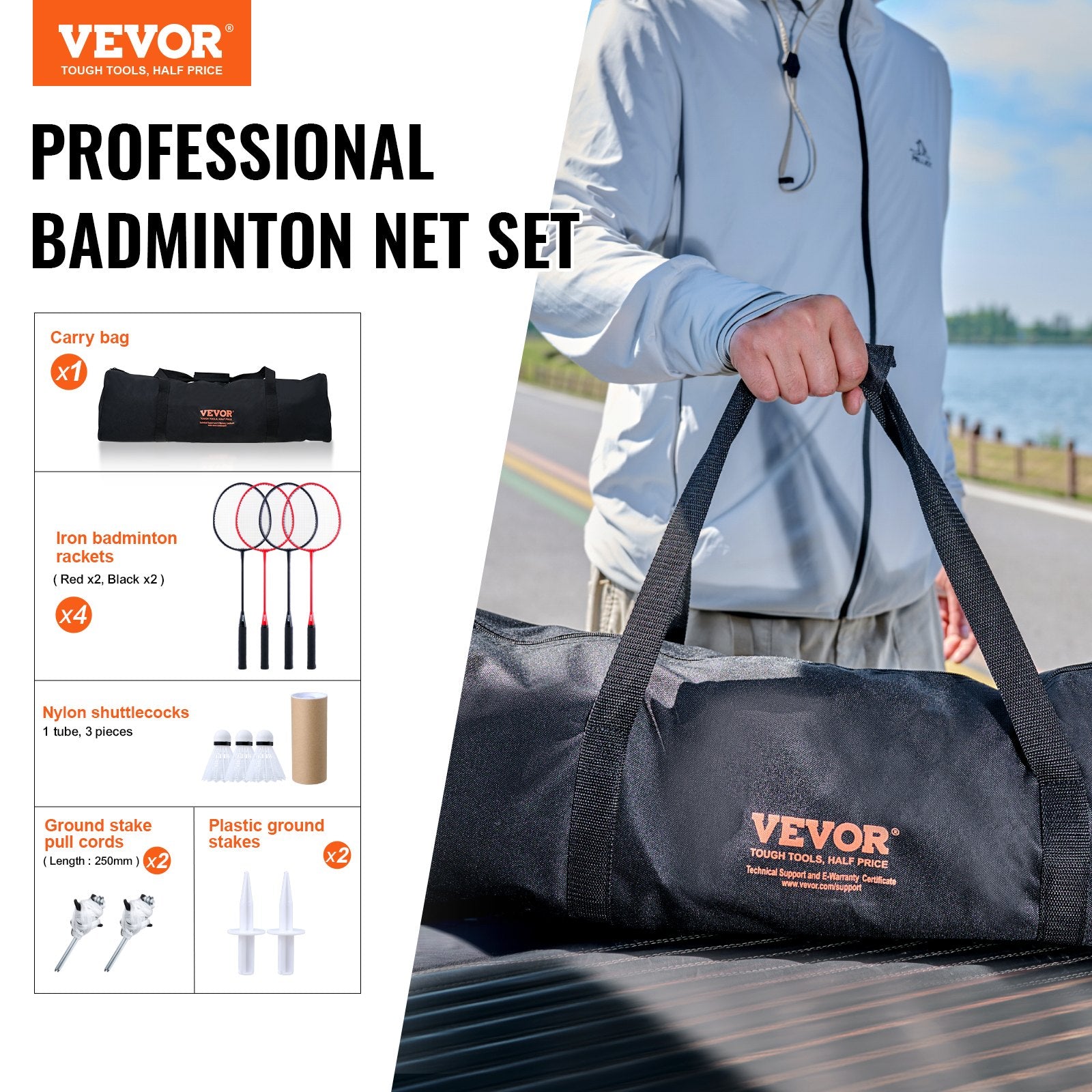 VEVOR Badminton Net Set, Outdoor Backyard Beach Park Badminton Net, Portable Badminton Equipment Set, Adults Kids Badminton Net with Poles, Carrying Bag, 4 Iron Rackets, and 3 Nylon Shuttlecocks 