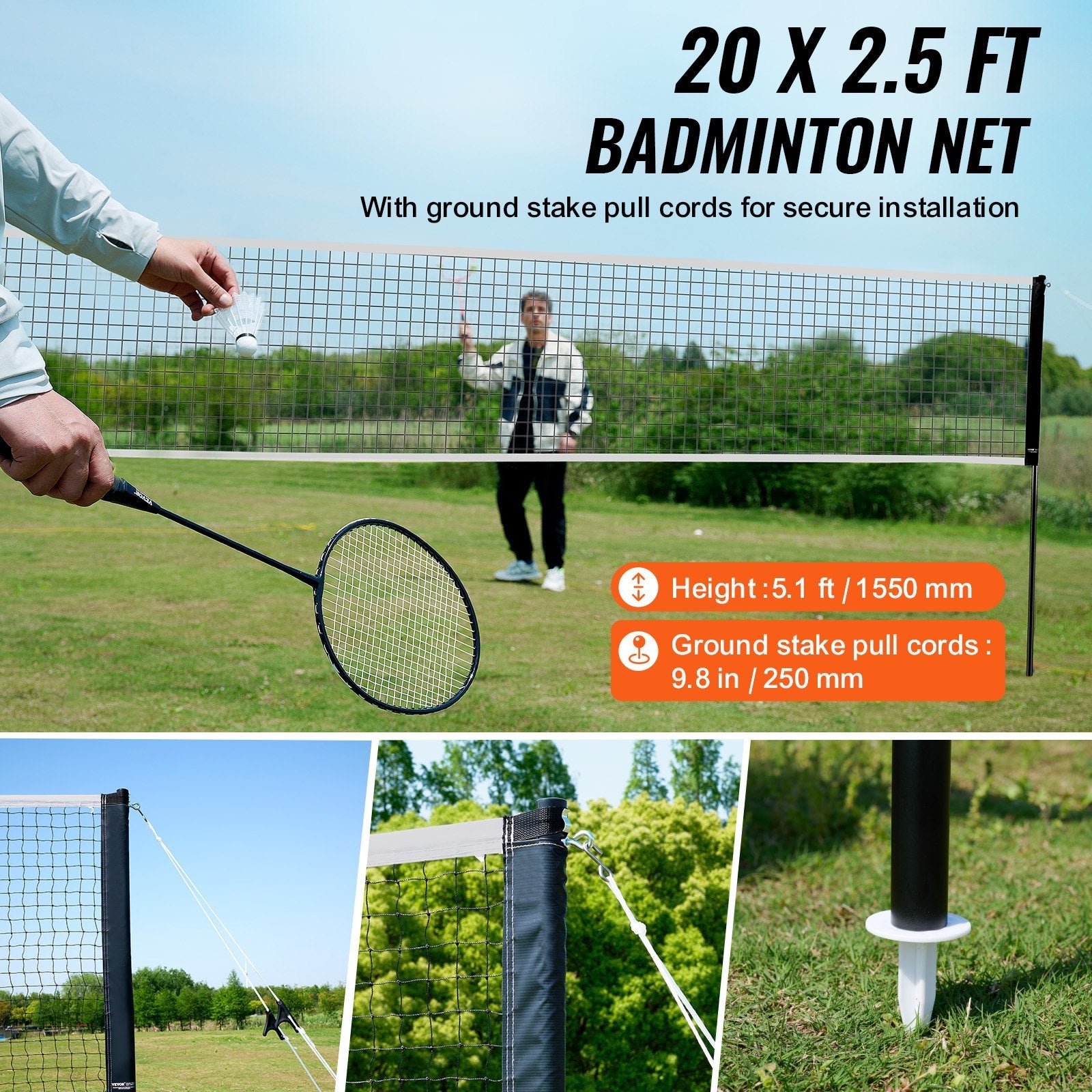 VEVOR Badminton Net Set, Outdoor Backyard Beach Park Badminton Net, Portable Badminton Equipment Set, Adults Kids Badminton Net with Poles, Carrying Bag, 4 Iron Rackets, and 3 Nylon Shuttlecocks 