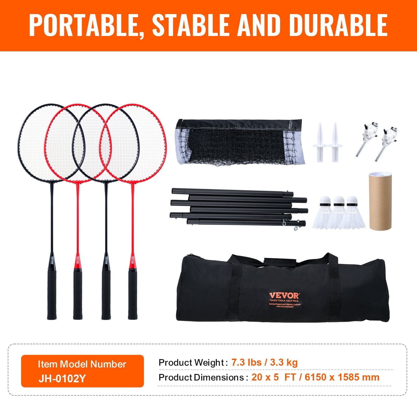 VEVOR Badminton Net Set, Outdoor Backyard Beach Park Badminton Net, Portable Badminton Equipment Set, Adults Kids Badminton Net with Poles, Carrying Bag, 4 Iron Rackets, and 3 Nylon Shuttlecocks 
